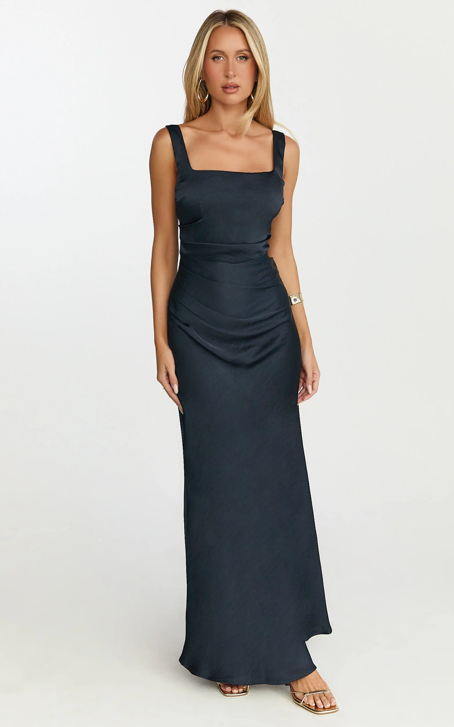 Rumi Midi Dress - Rushed Bodiest Satin Dress in Navy