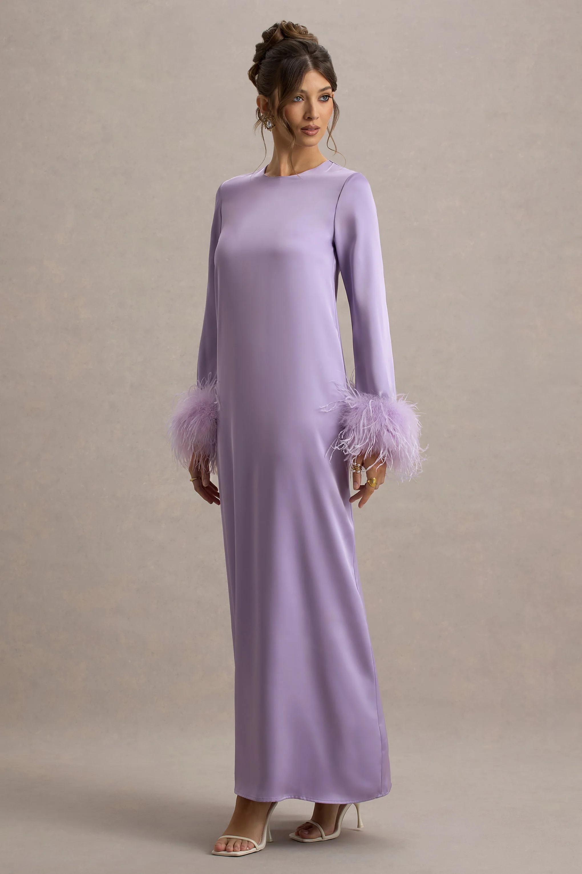 Adella | Lilac Satin Feather-Trim Maxi Dress