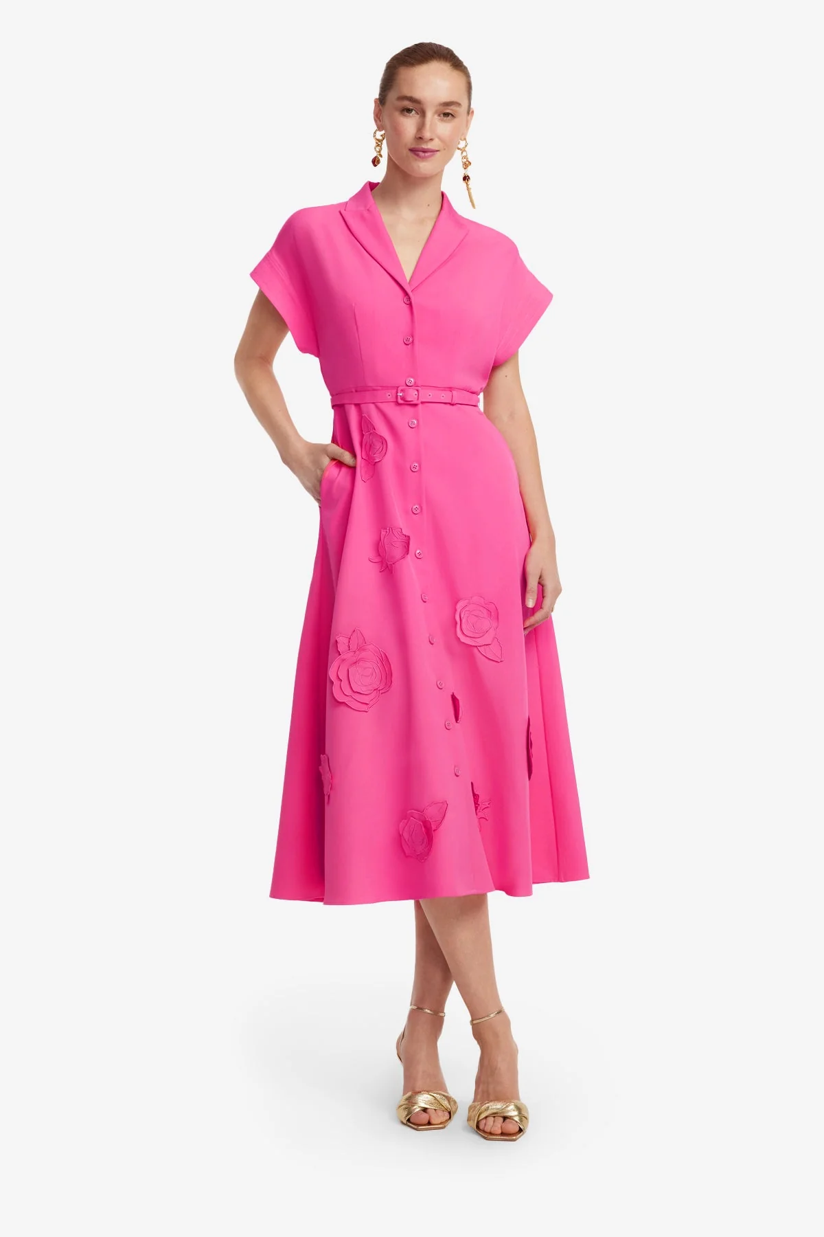 Aubrey Appliqué Shirt Midi Dress - Fuchsia