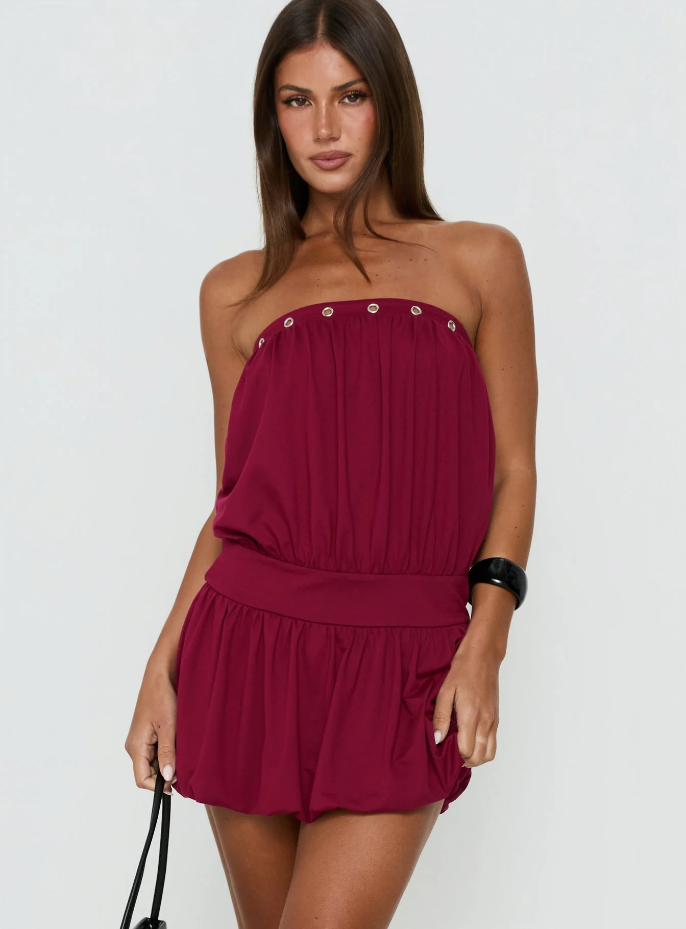 Lenika Eyelet Strapless Mini Dress Burgundy