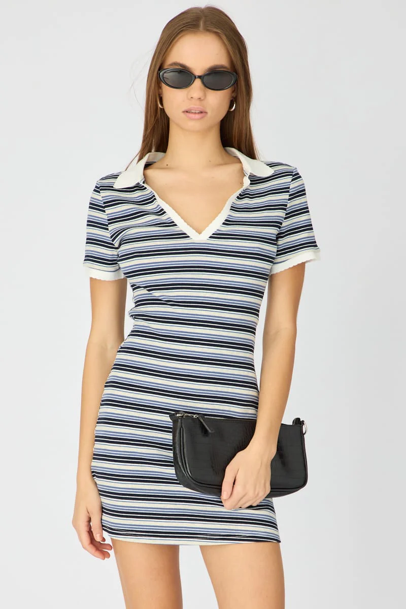 Blue Stripe Contrast Collar Short Sleeve Mini Dress