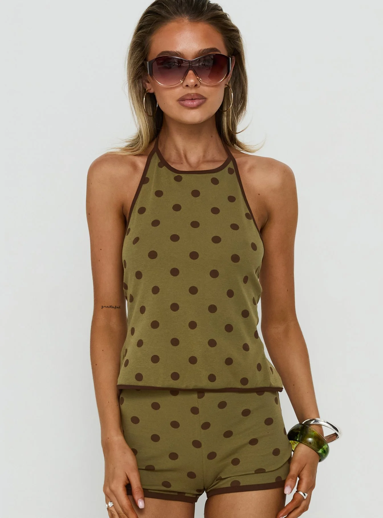 Speranza High Neck Halter Top Green Polka Dot