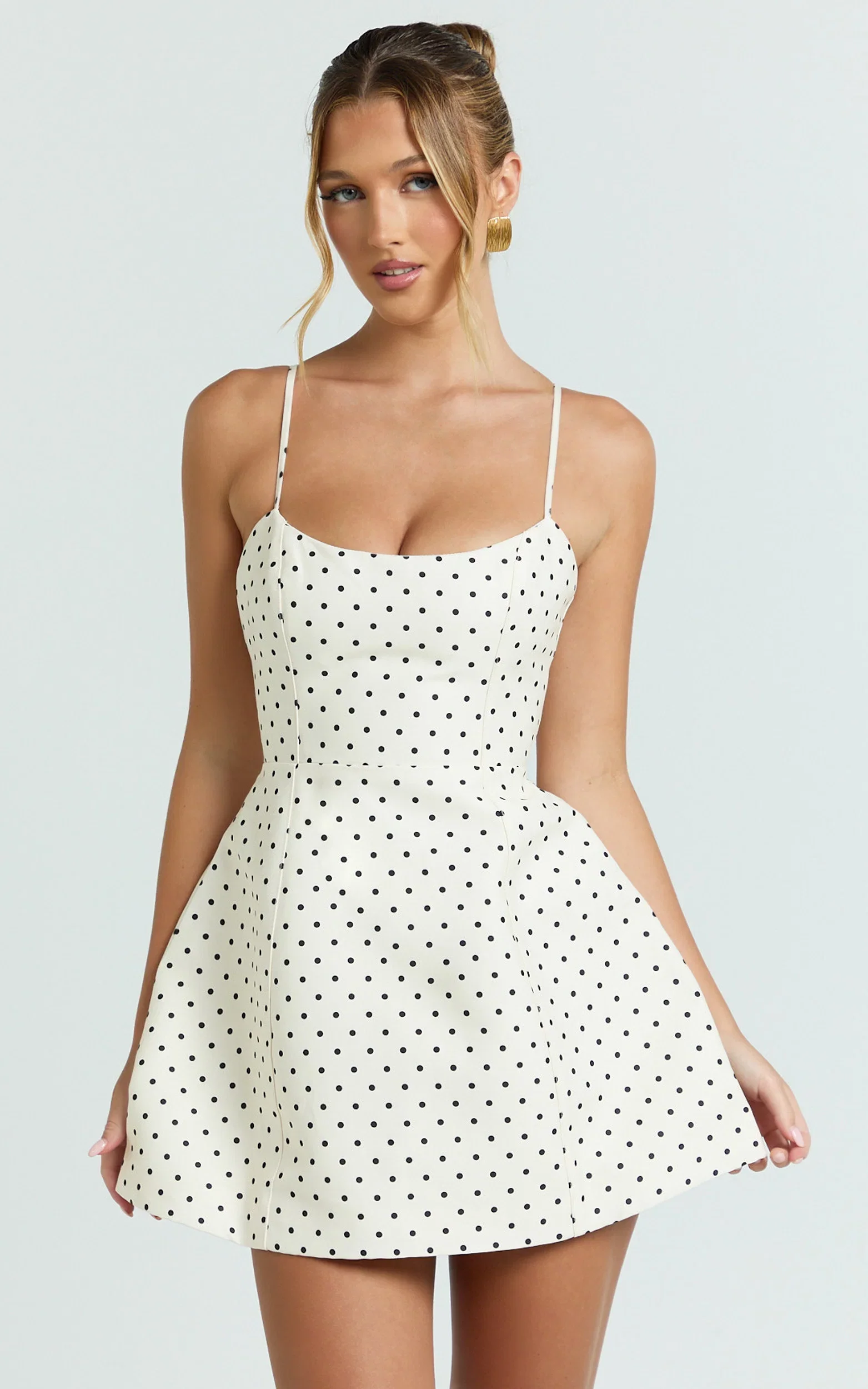 Carolina Mini Dress - Scoop Neck Panel Bodice Dress in White Polka Dot