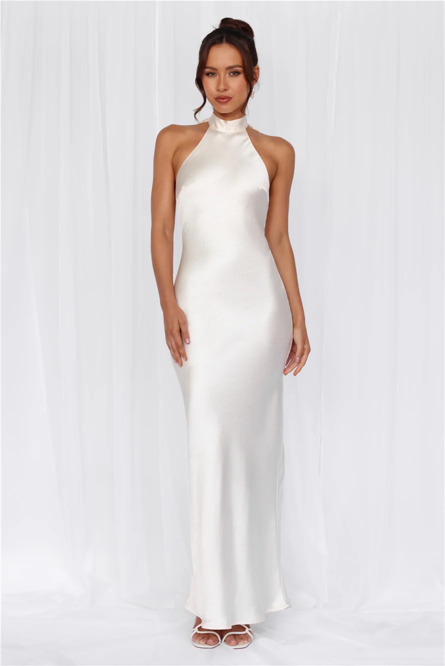 The Cleo Halter Satin Maxi Dress Pearl