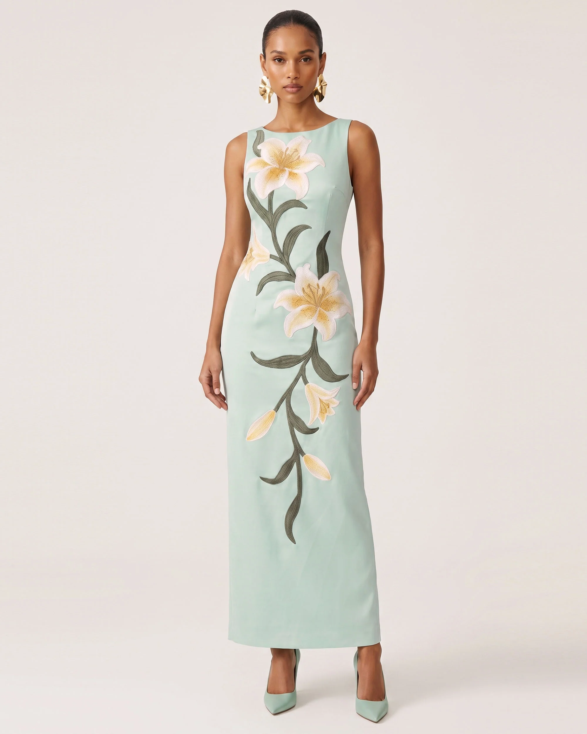 Lily Floral Print Sleeveless Column Maxi Dress - Mint Green
