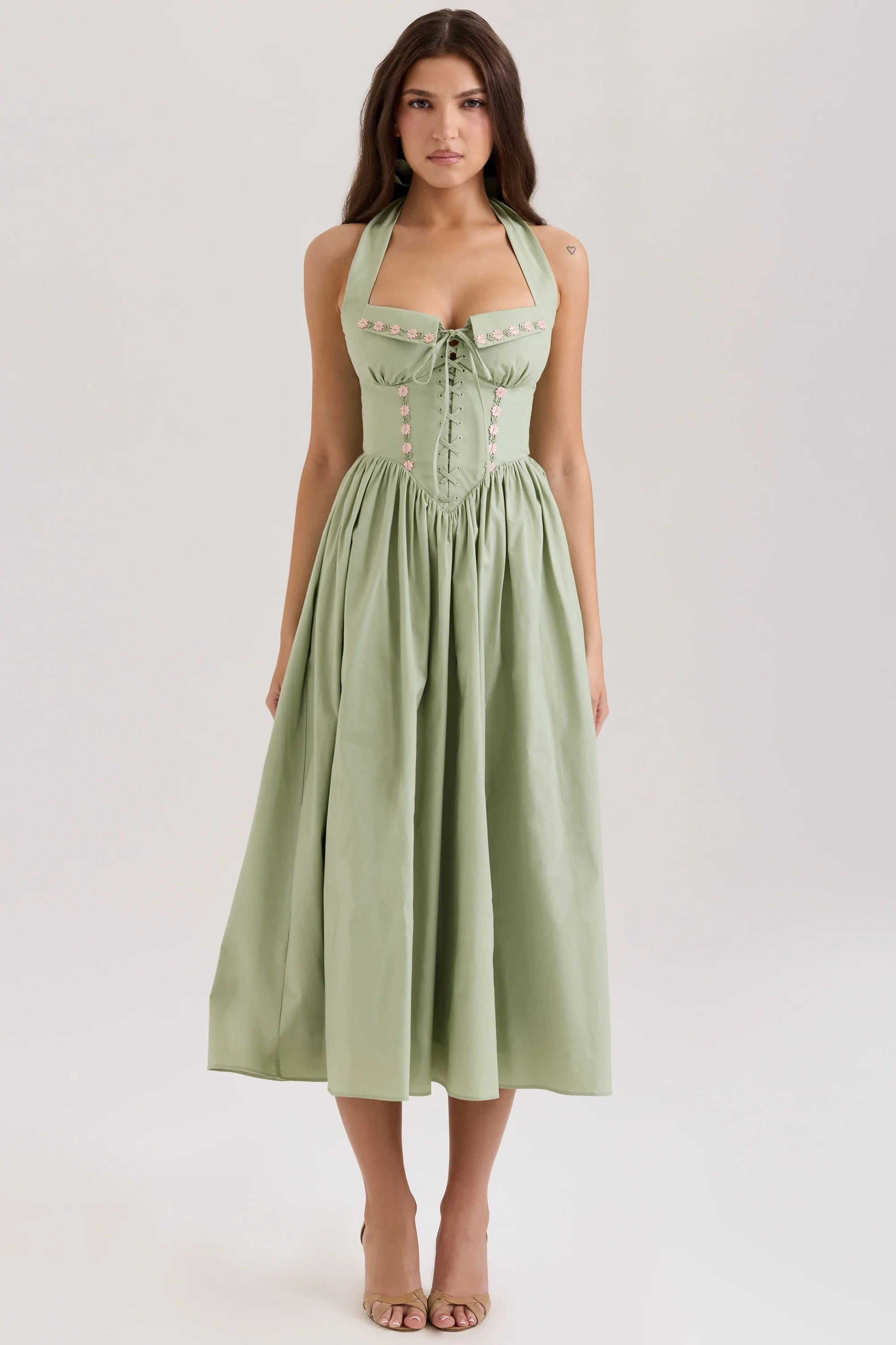 Sage Stretch Cotton Halter Neck Midi Dress