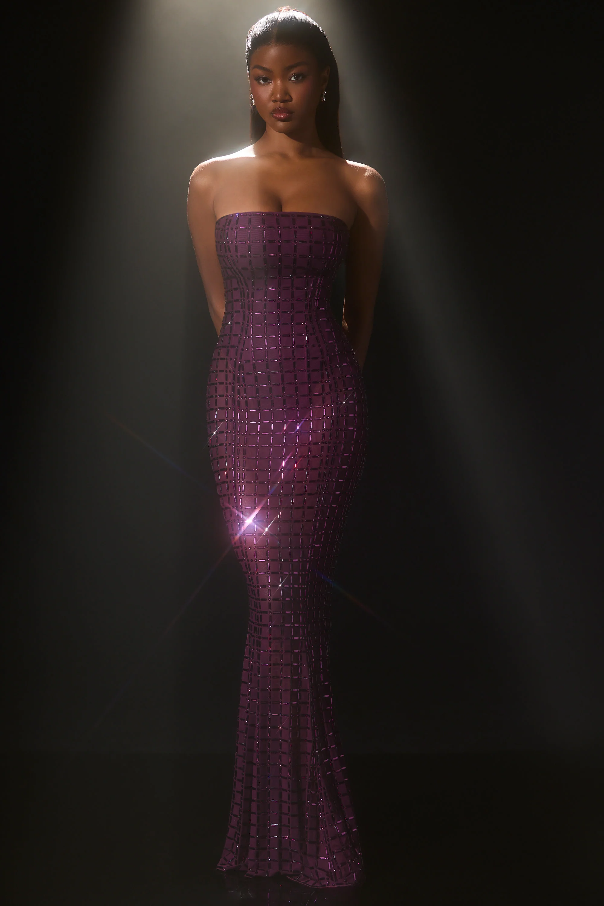 Embellished Semi-Sheer Strapless Gown in Deep Purple