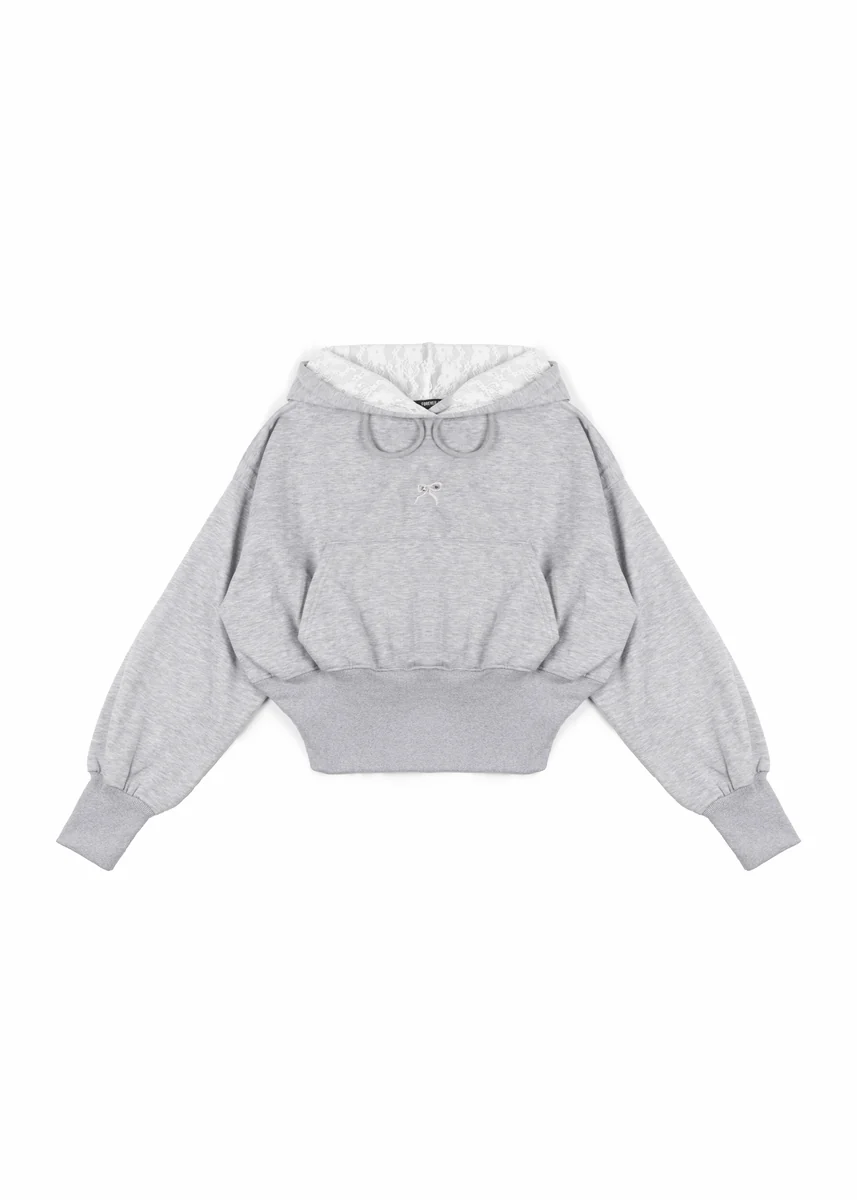 Cropped Lace-Lined Hood & Embroidered-Bow Hoodie