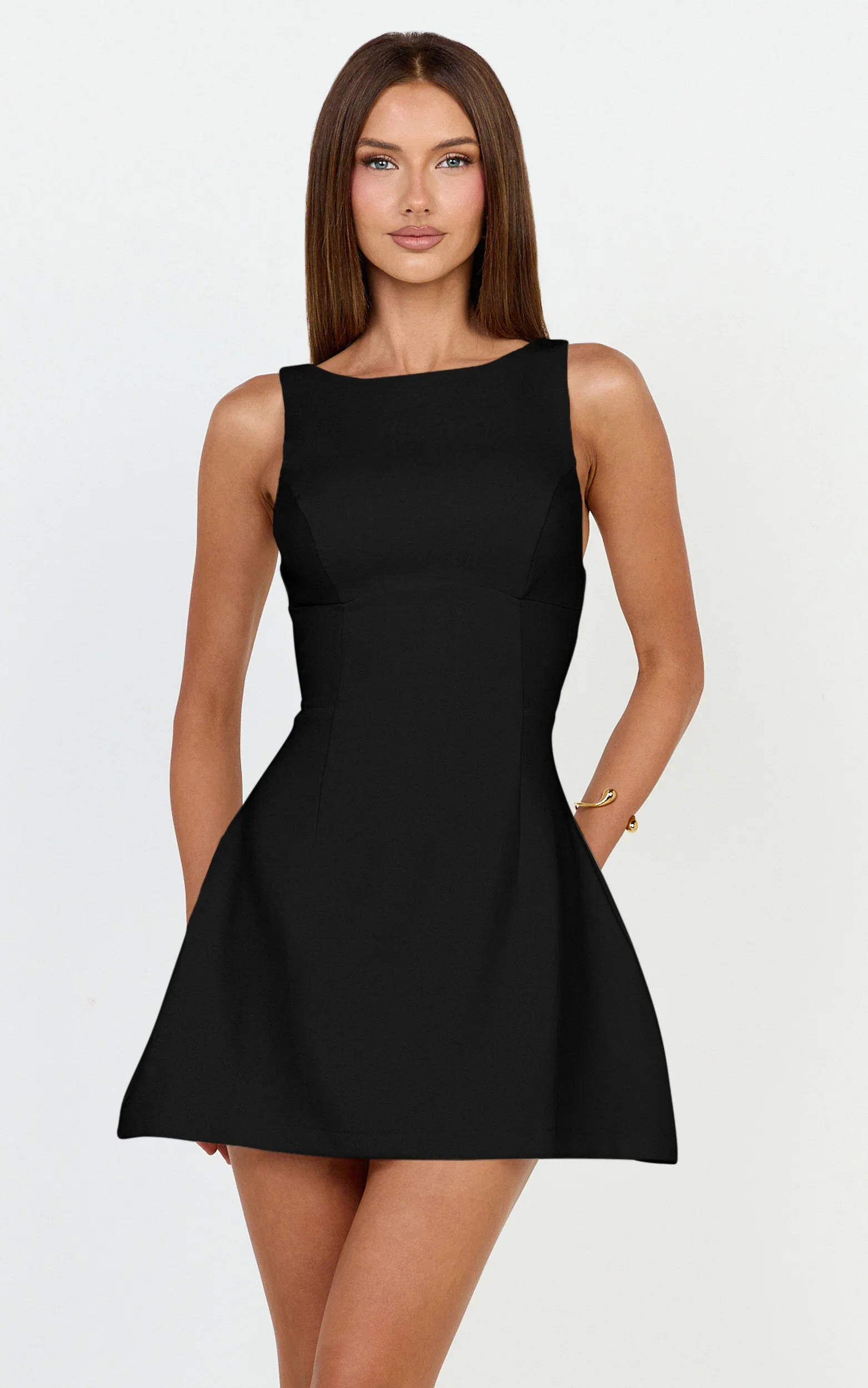 Freddie Mini Dress - Boat Neck Fit and Flare Dress in Black
