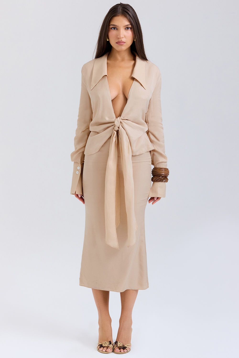 almond plunge shirt midi dress