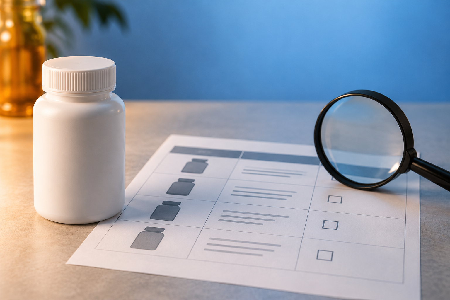 Editorial illustration of an anonymous supplement bottle beside a comparison worksheet.