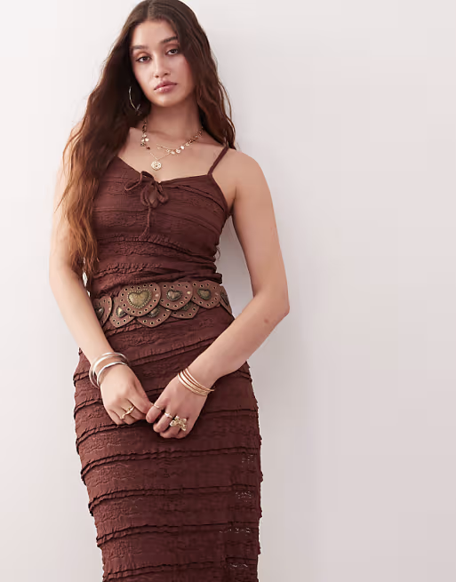 Miss Selfridge lace and ruffle detail midi dress in chocolate