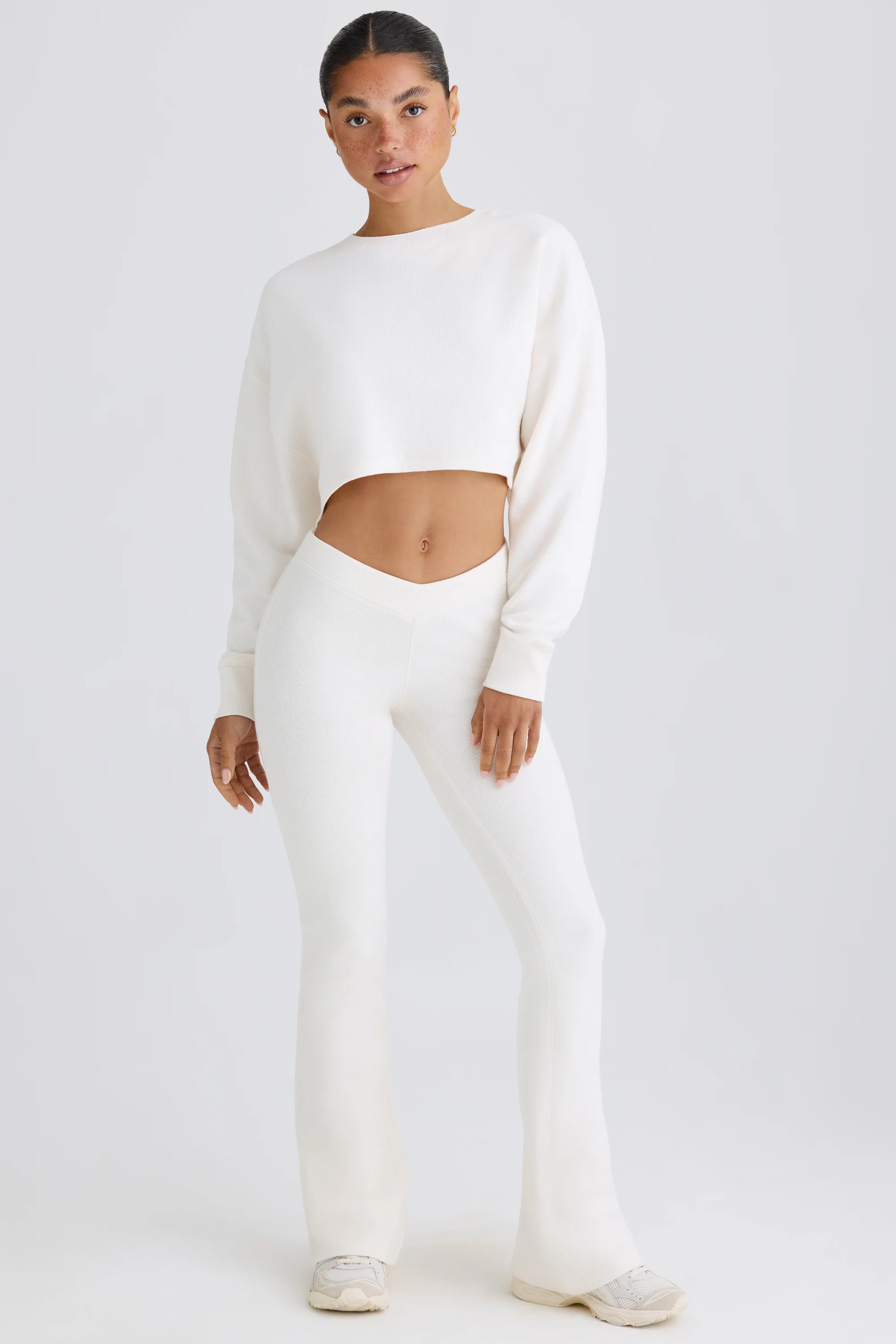 Textured Cotton Jersey Flared Trousers in White