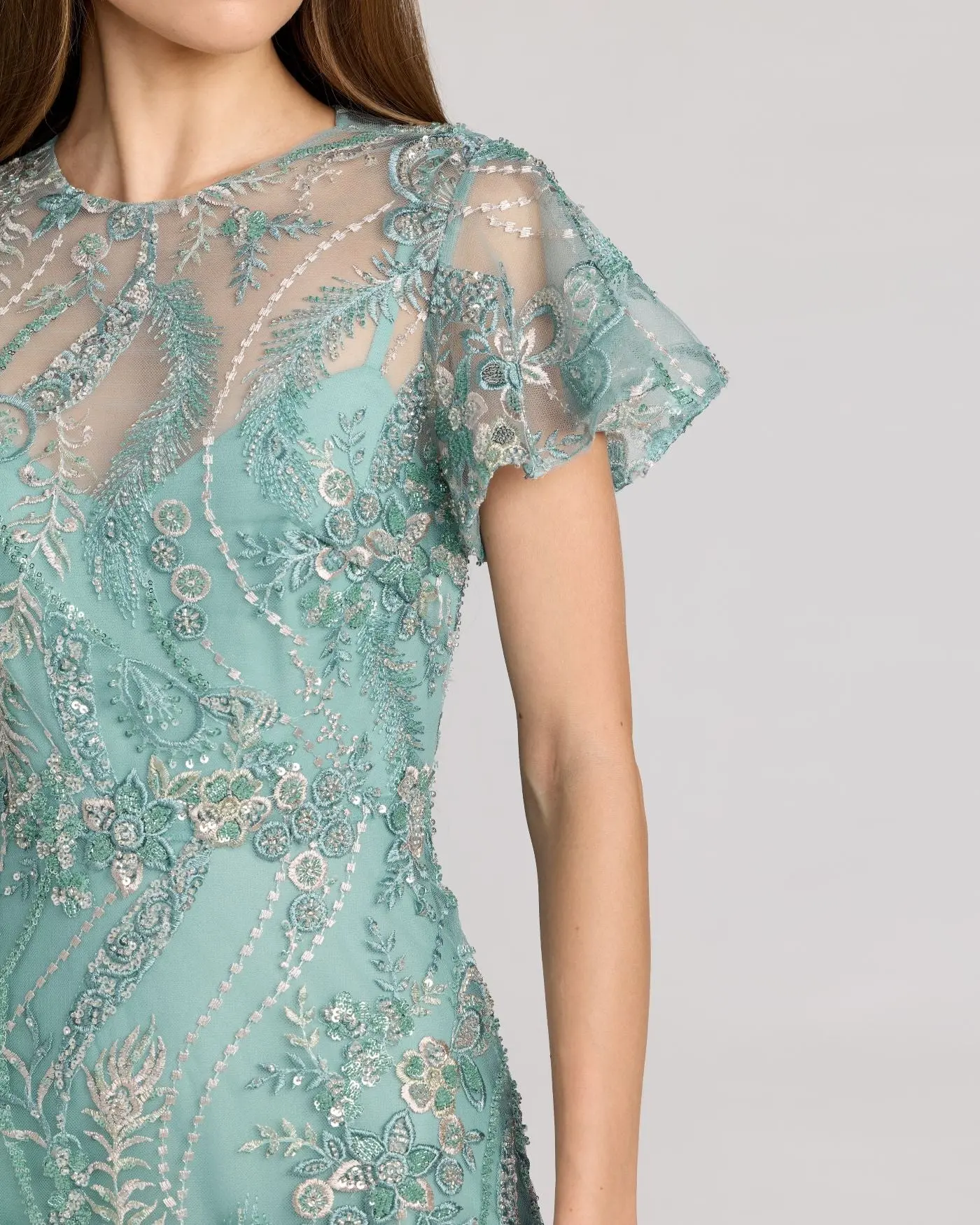 Blue Embroidered Flutter Sleeve Midi Dress