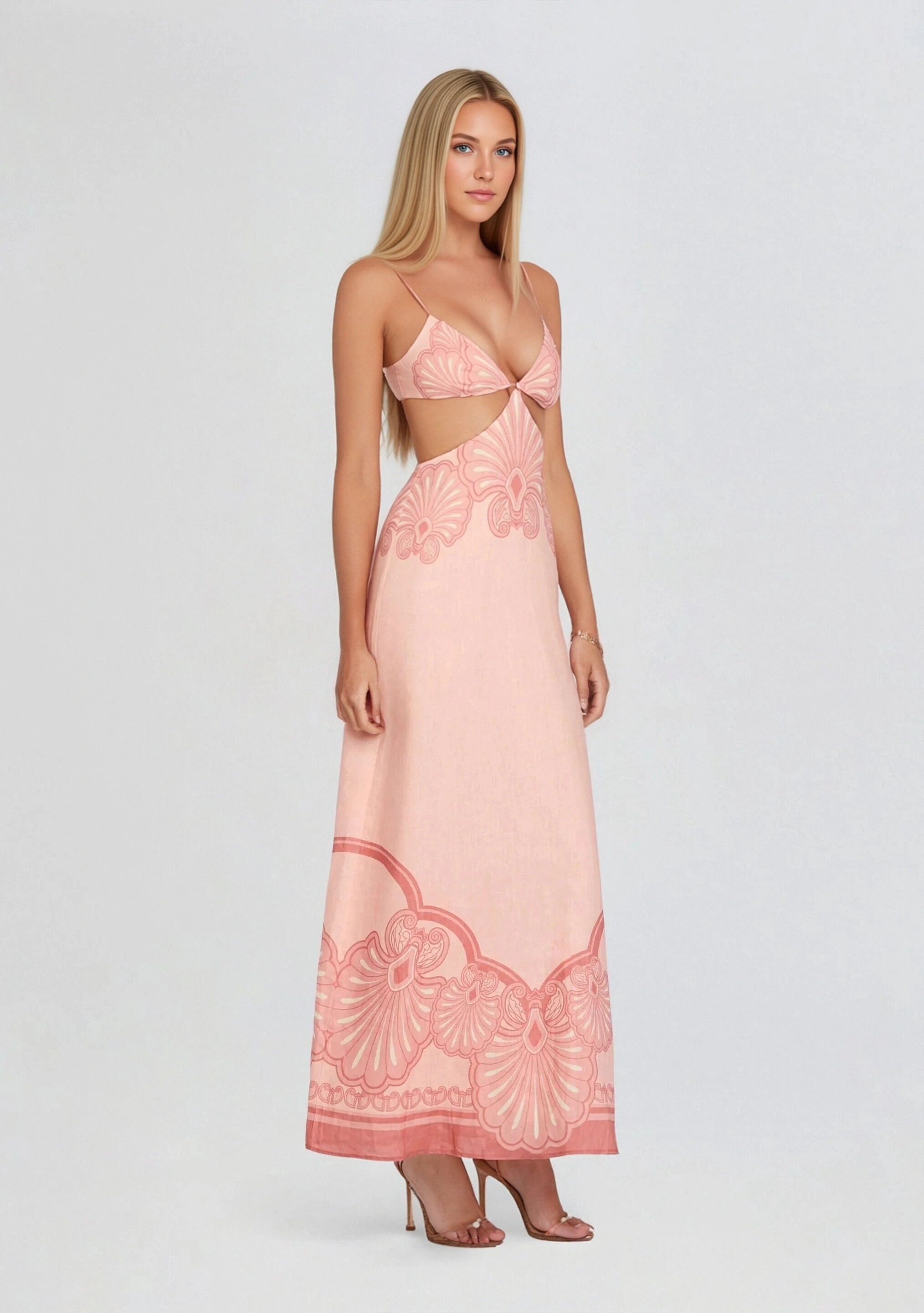 Maya Linen Cutout Maxi Dress in Pink Shell Print