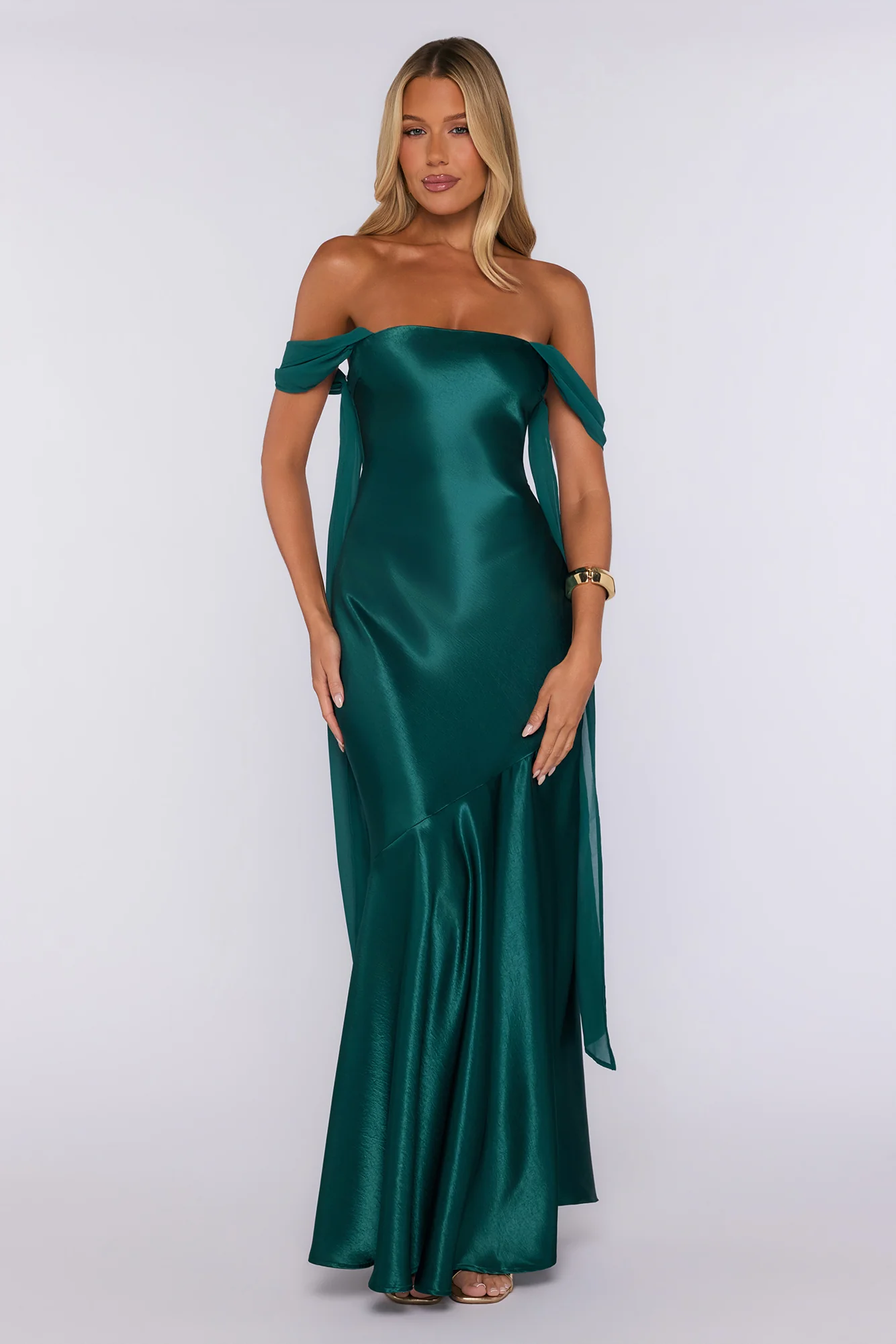 Evening Glam Off Shoulder Satin Maxi Dress Green
