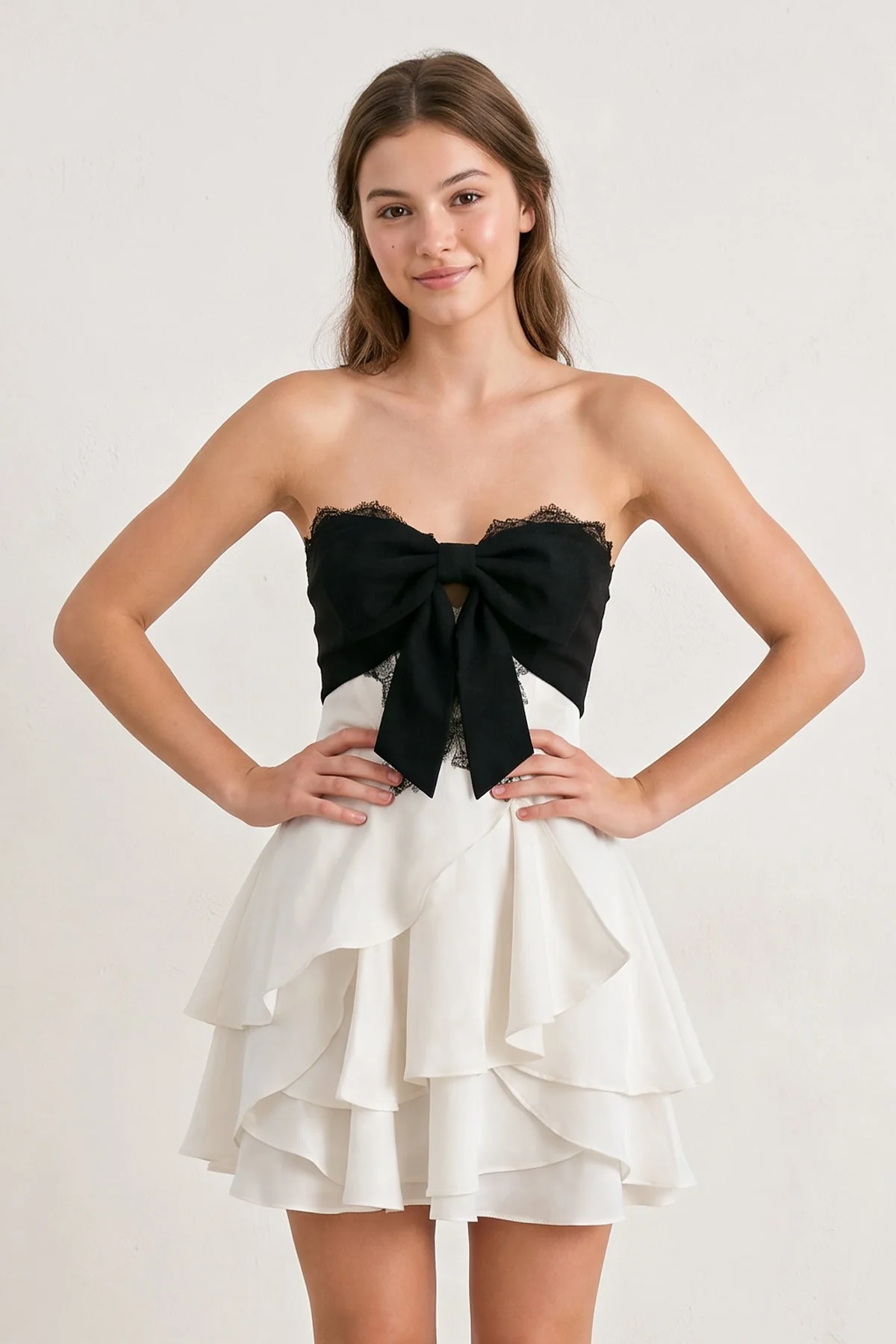 White Black Sweetheart A-Line Ruffled Chiffon Homecoming Dress with Bow