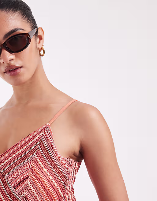 Vero Moda Maternity chevron knit crochet cami midi dress in pink