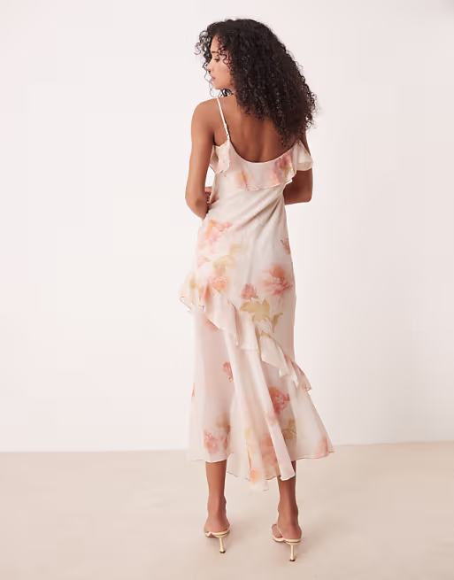 chiffon ruffle asymmetric hem maxi dress in vintage floral
