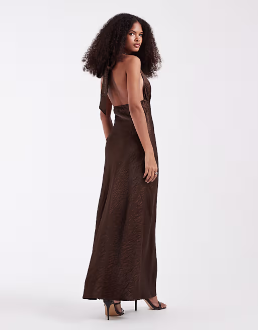 PIECES halterneck satin shimmer maxi dress in chocolate brown
