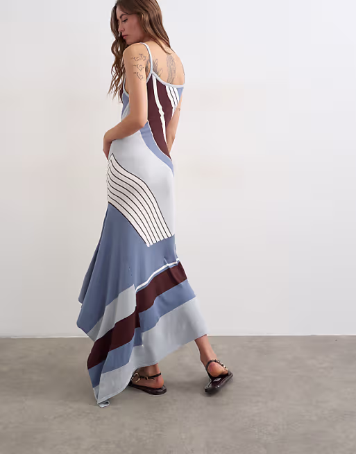 Topshop knit asymmetric striped maxi dress in blue multi