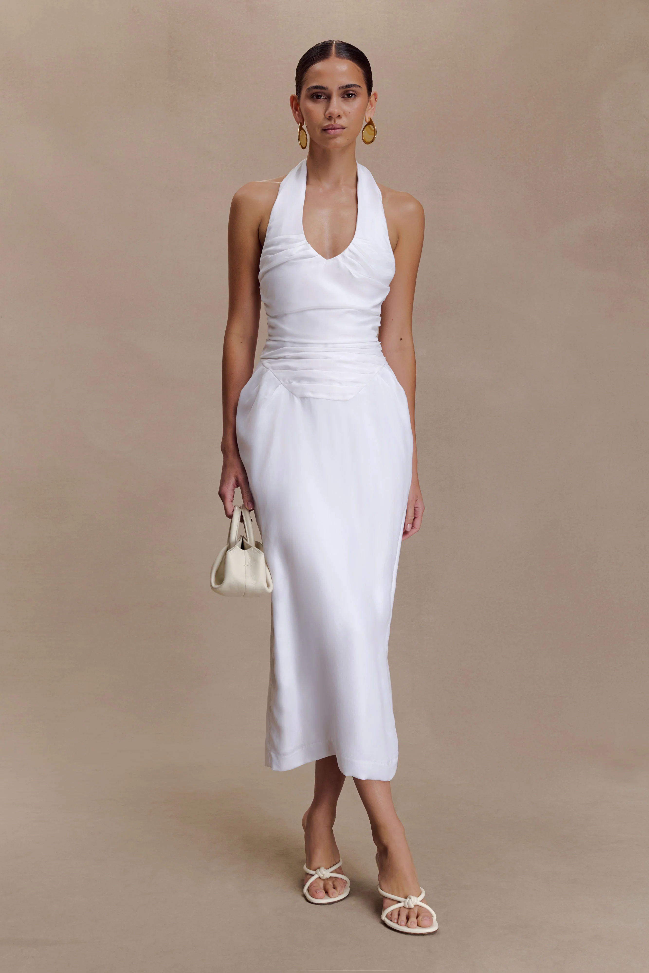 Daniela Ruched Halter Midi Dress - White