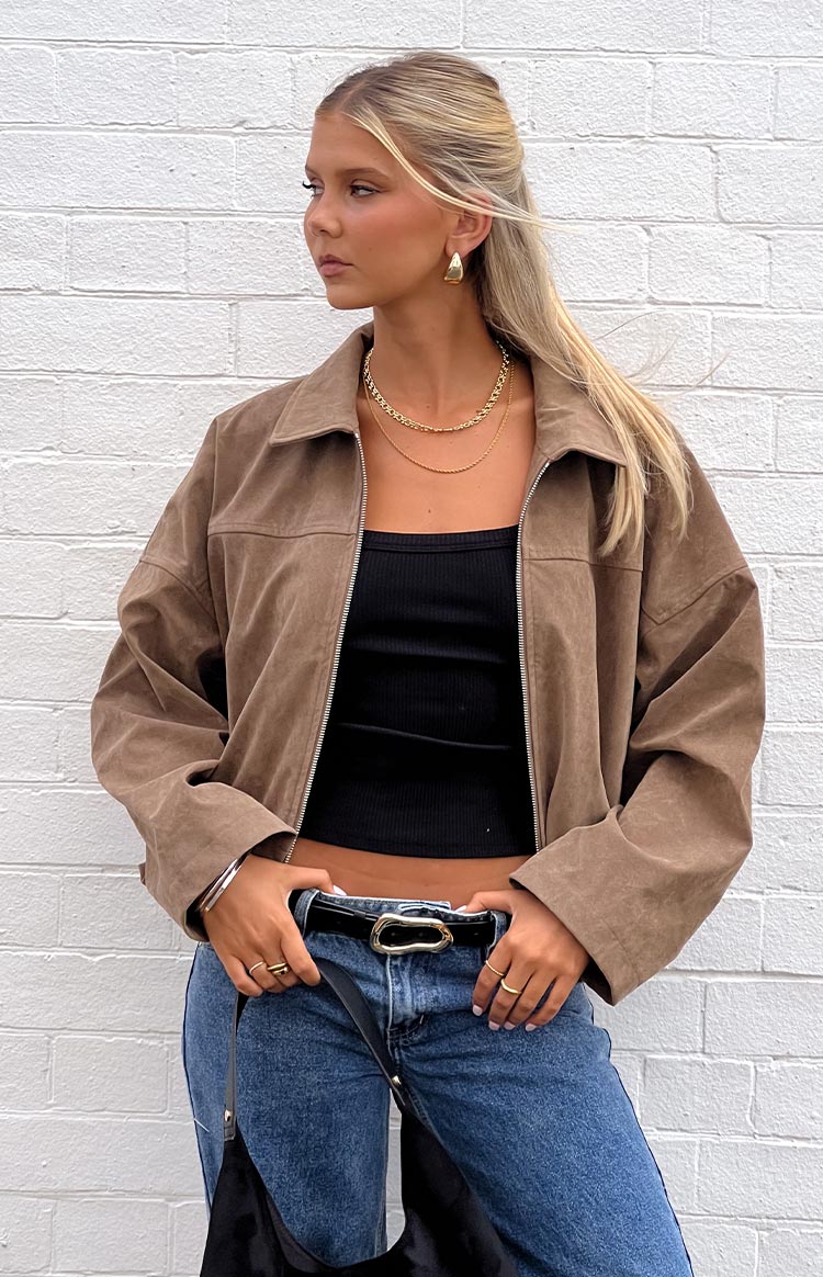 River Brown Suede Bubble Hem Bomber Jacket