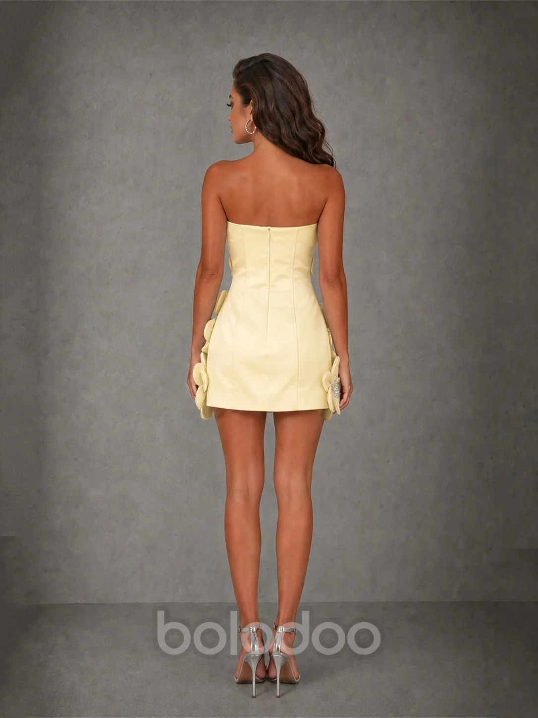 BOLODOO Light Yellow 3D Floral Strapless Mini Dress with Crystal Embellishments