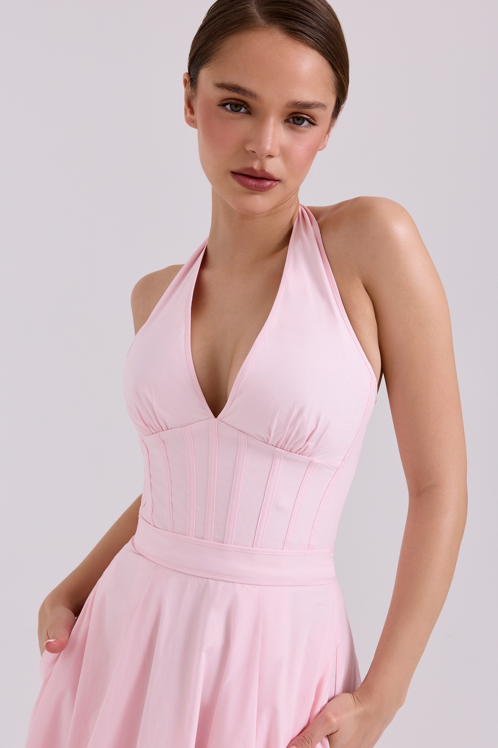 Pink Stretch Cotton Halter Midi Sundress