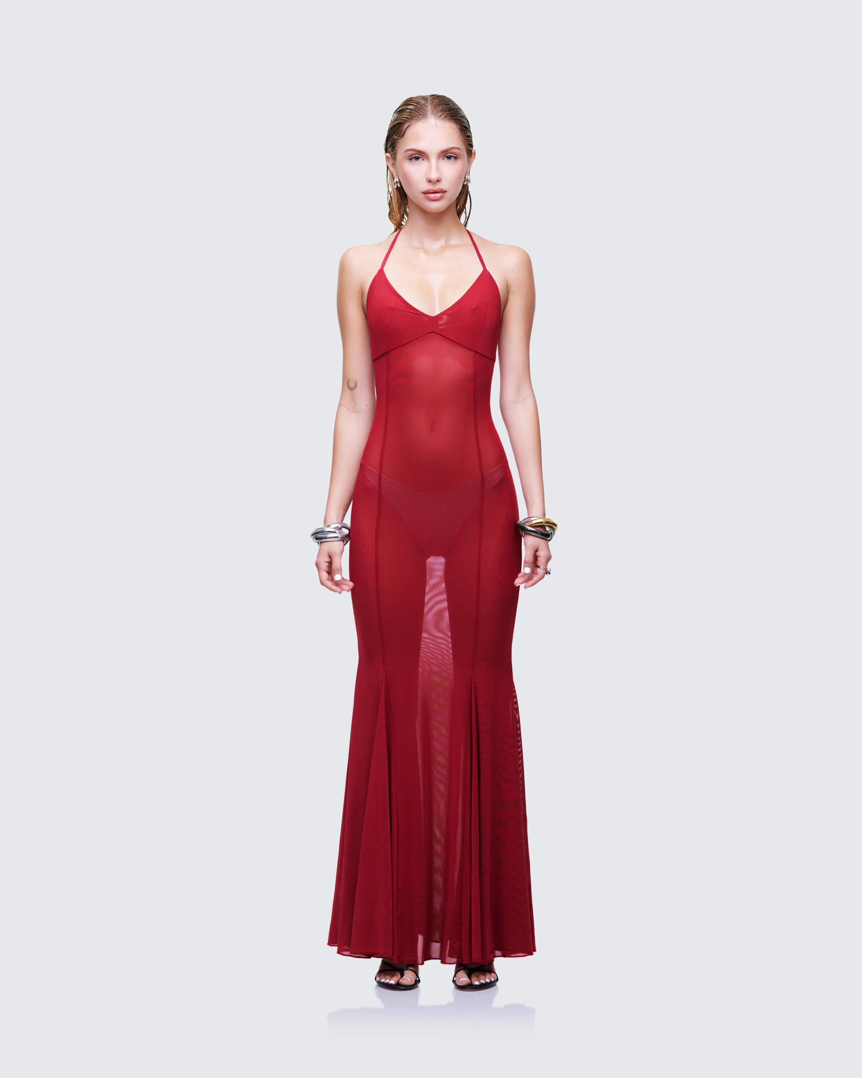 Ash Red Sheer Mesh Maxi Dress