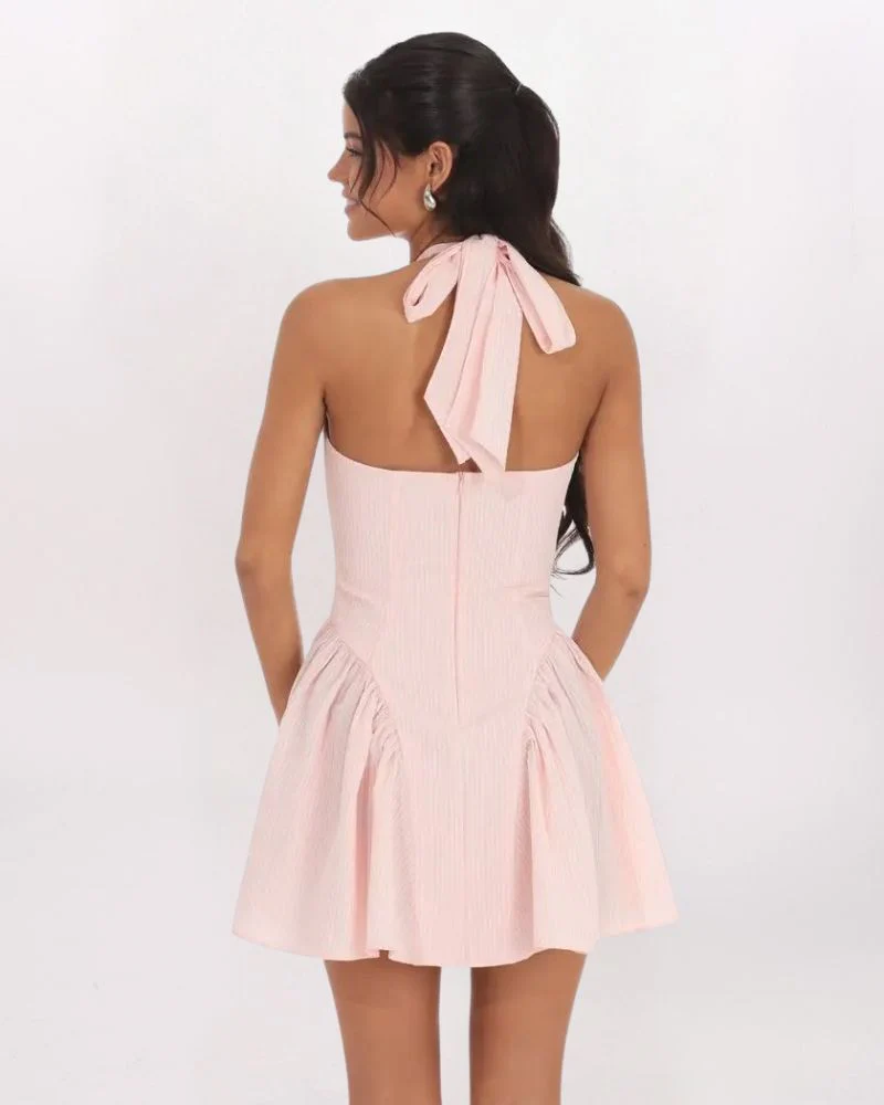 STRIPED CRINKLE HALTER DRESS