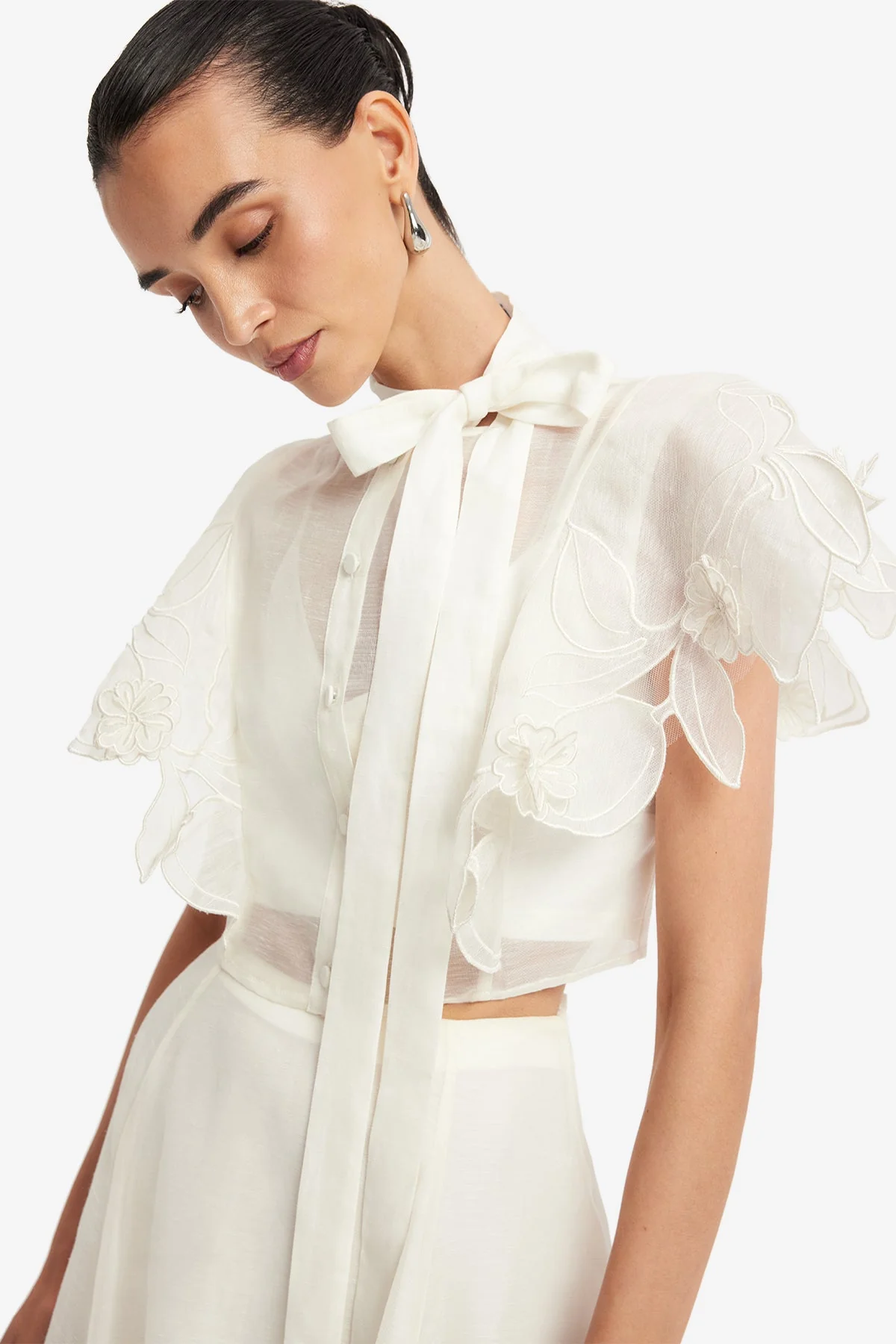 Jasmine Appliqué Flutter Sleeve Top - Snow