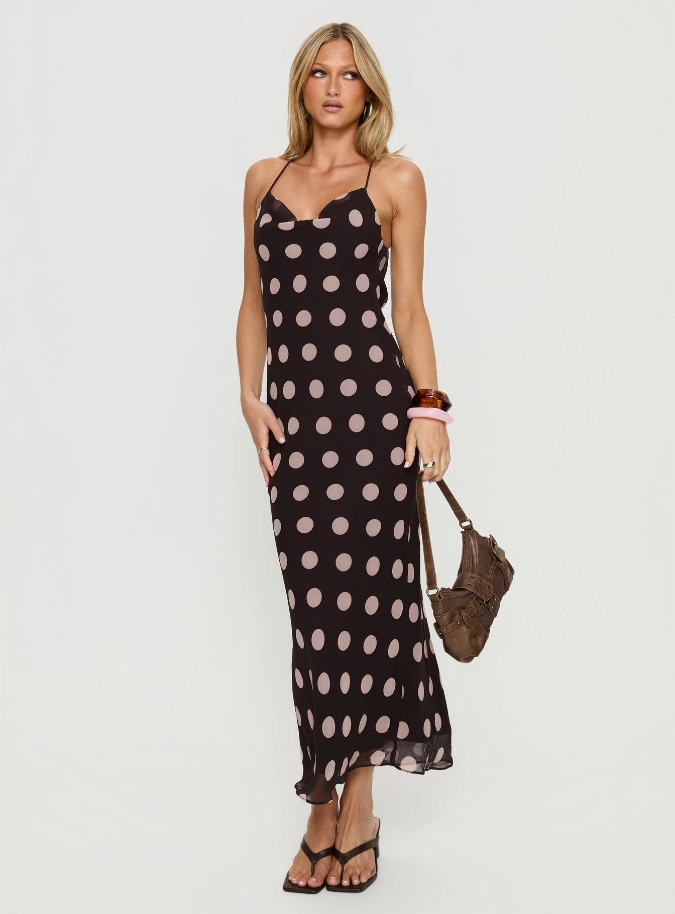 Andreana Low Back Maxi Dress Burgundy Polka Dot