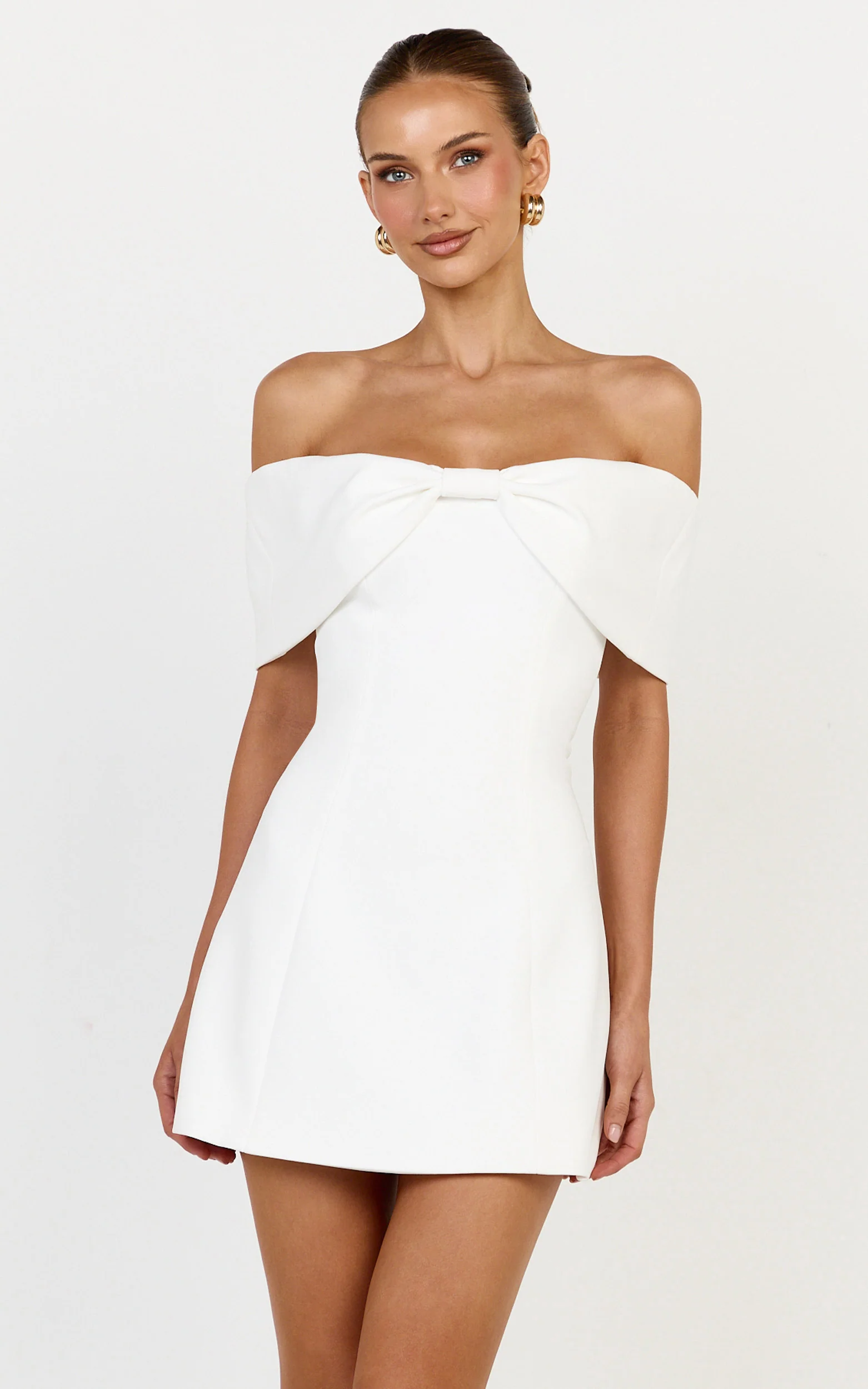 Thalia Mini Dress - Off Shoulder Bow Detail Dress in White