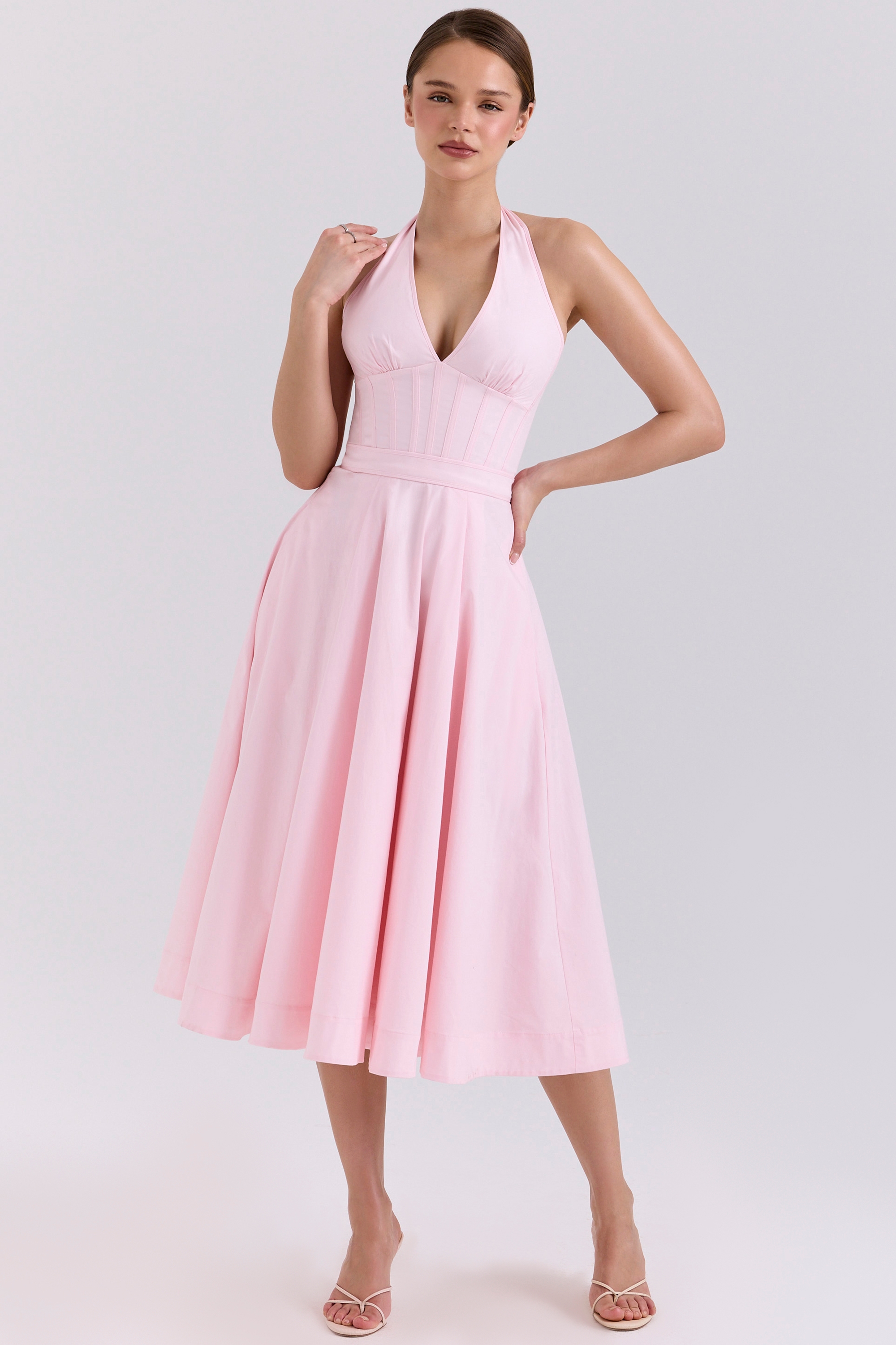 pink stretch cotton halter midi sundress