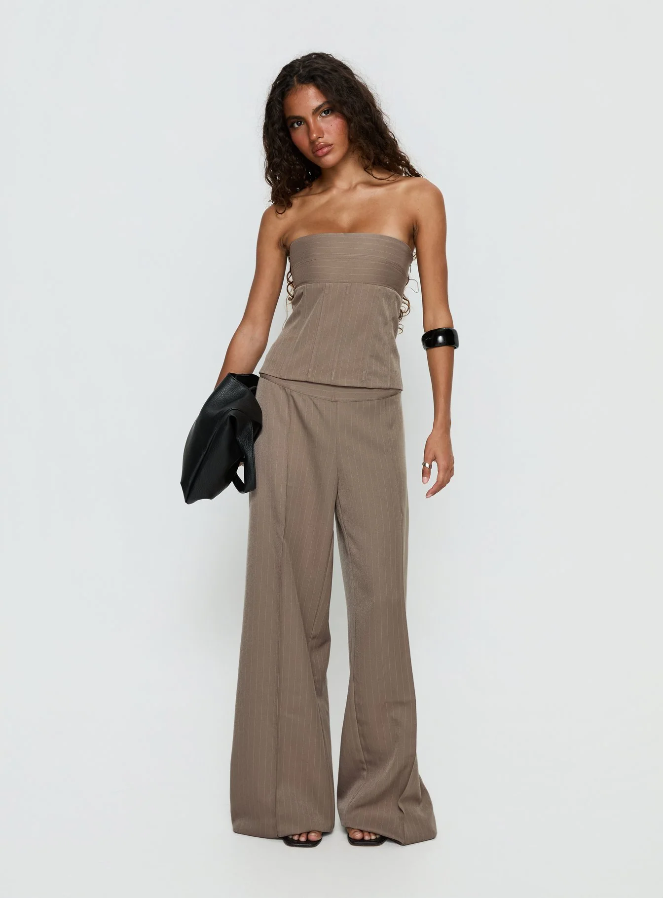 Madelle Strapless Tie Up Top Brown Pinstripe