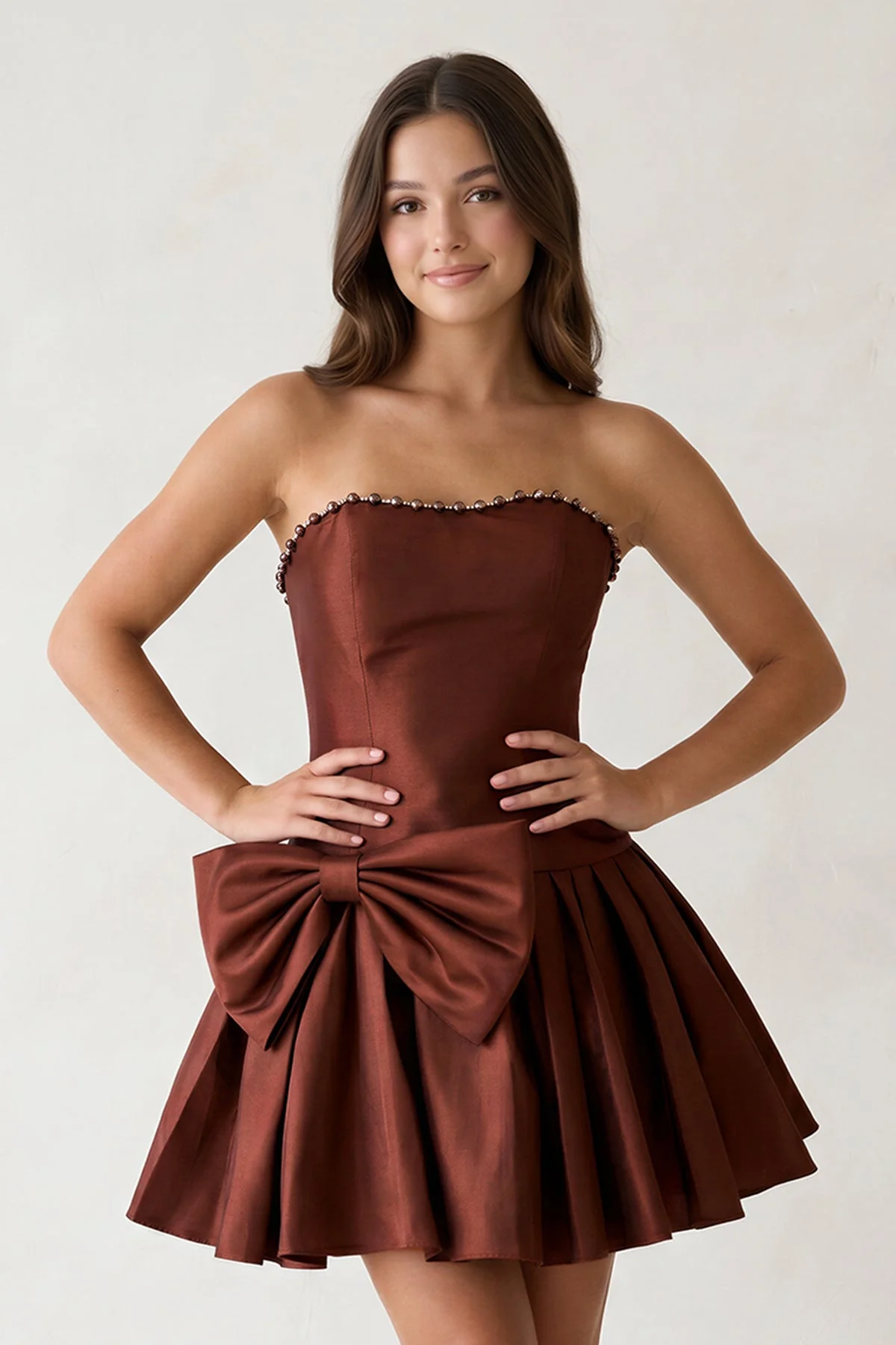 Aqua Strapless A-Line Satin Ruched Bow Homecoming Dress With Pearl