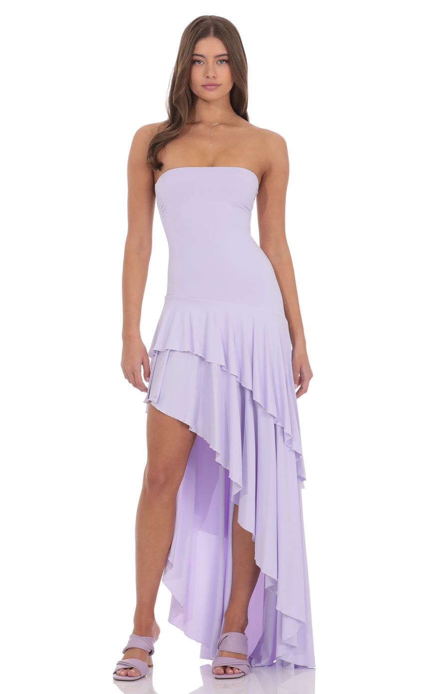 Strapless Ruffle Asymmetrical Maxi Dress in Lavender