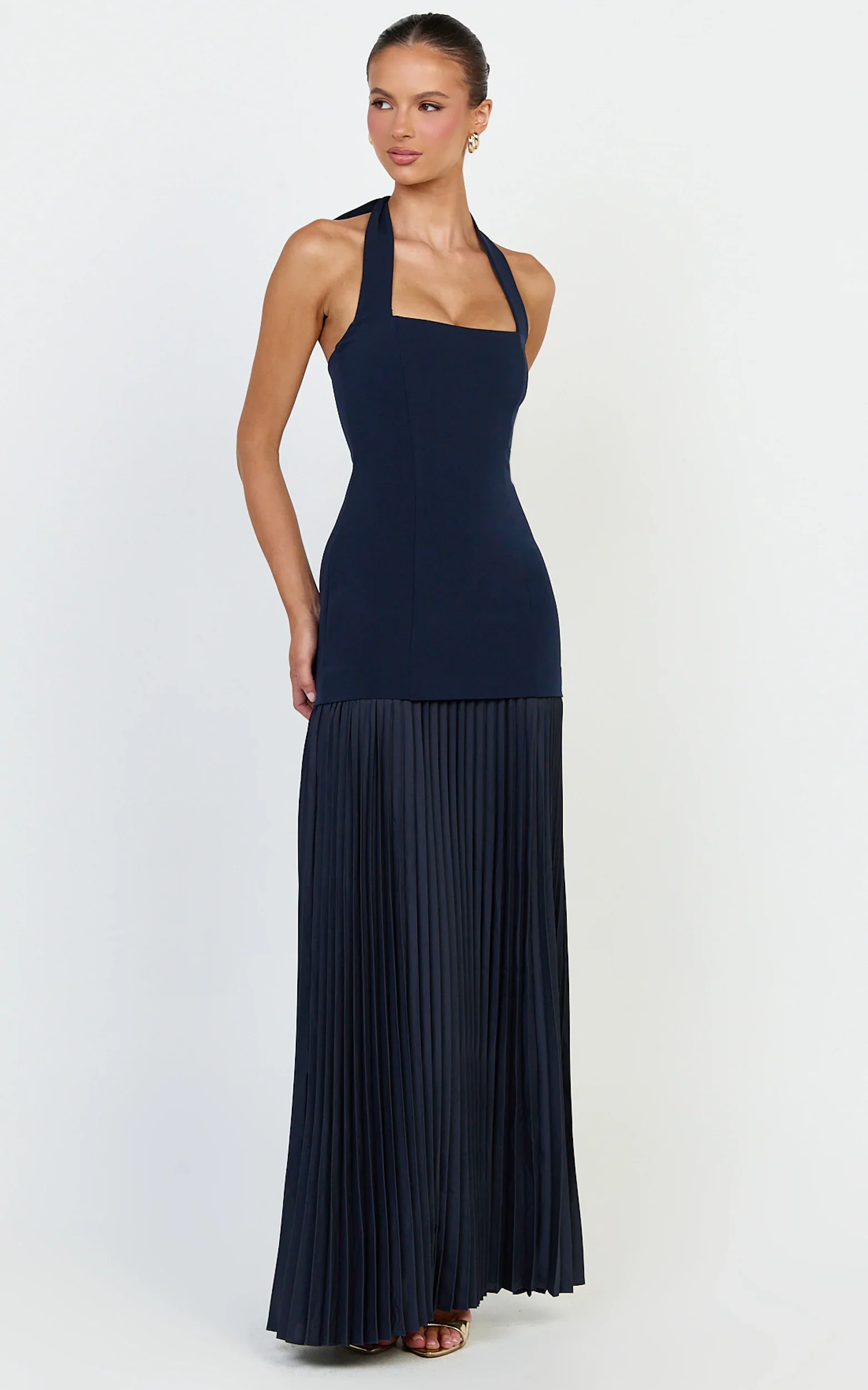 Loretta Maxi Dress - Contrast Halter Neck Pleated Dress in Navy