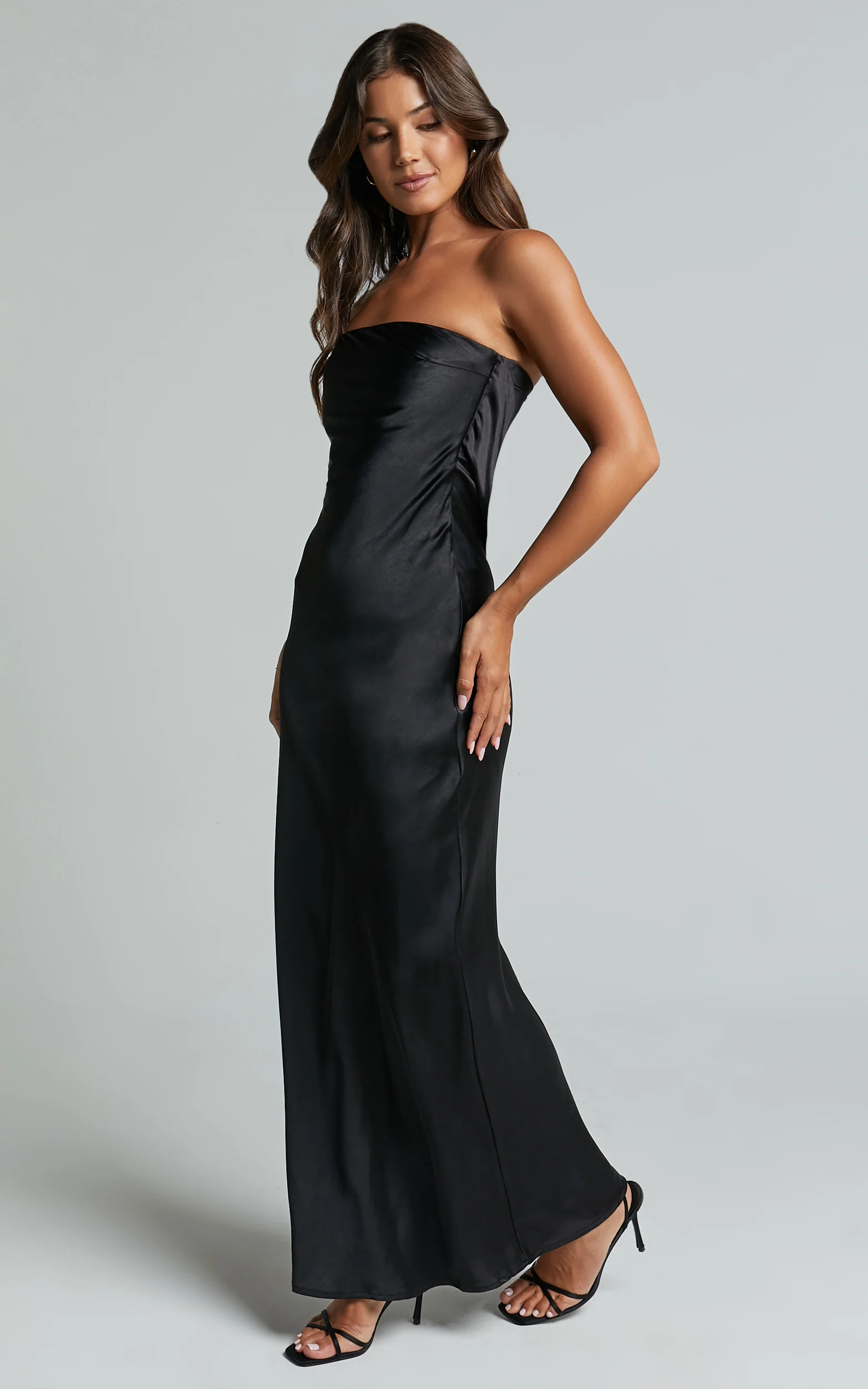 Charlita Maxi Dress - Strapless Cowl Back Satin Dress in Black