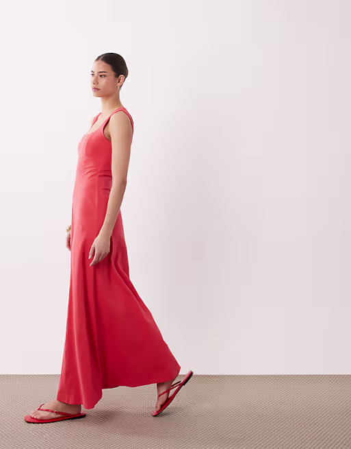 square neck seam detail midi dress in red