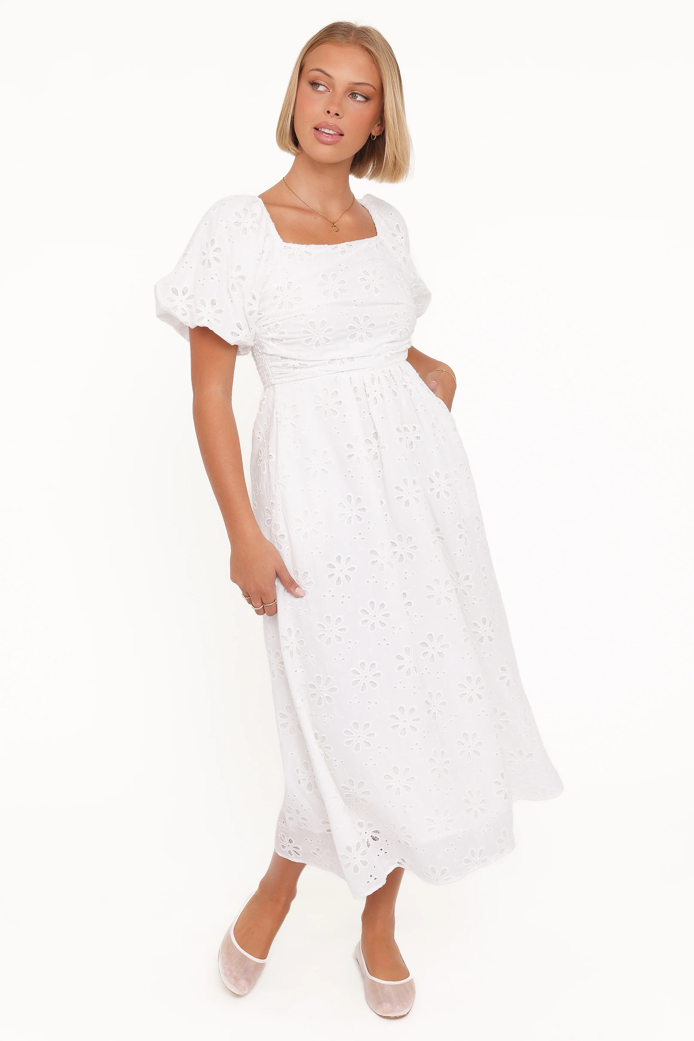 Clo Puff Sleeve Midi Dress - White Broderie