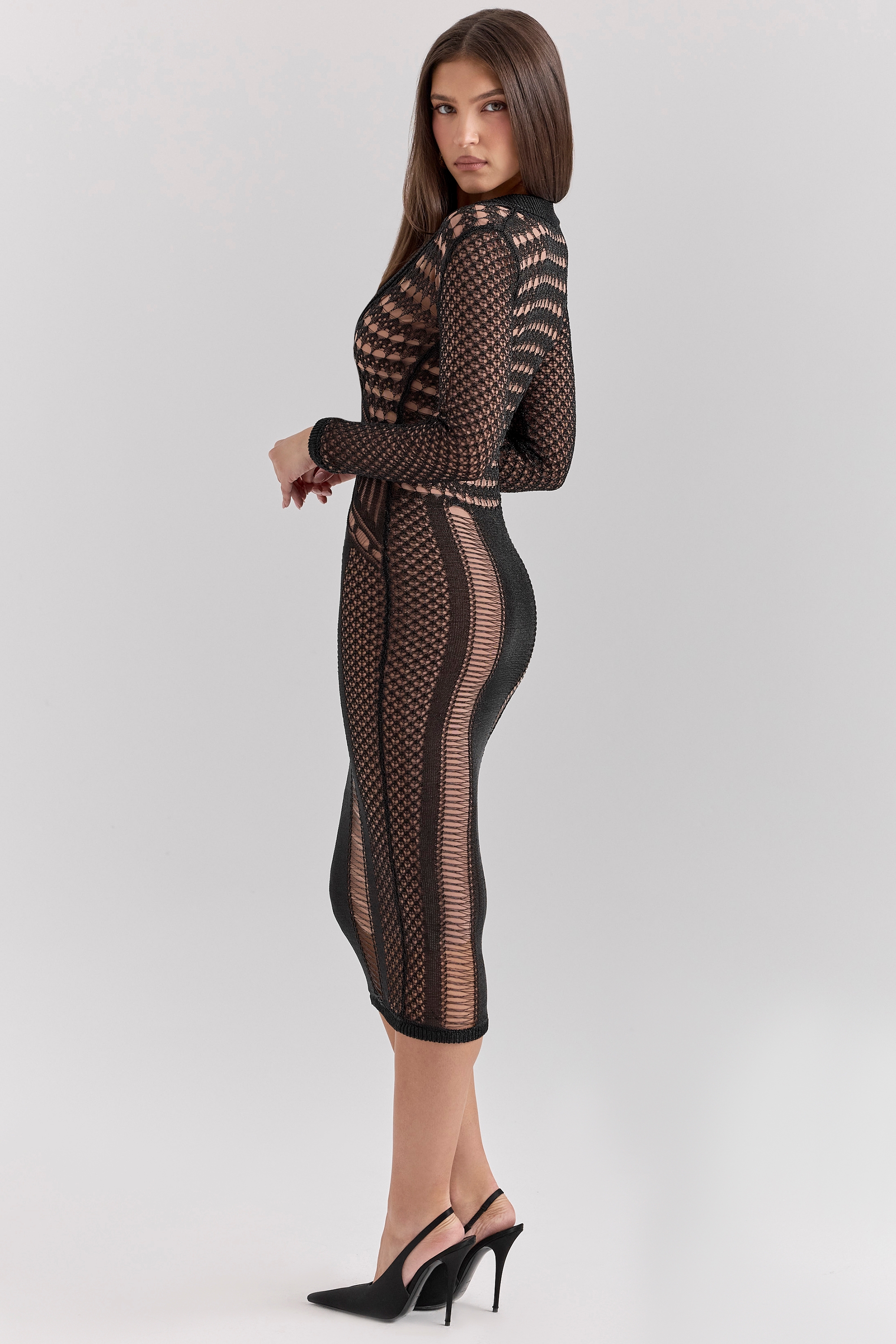 Black Plunge Open Knit Midi Dress