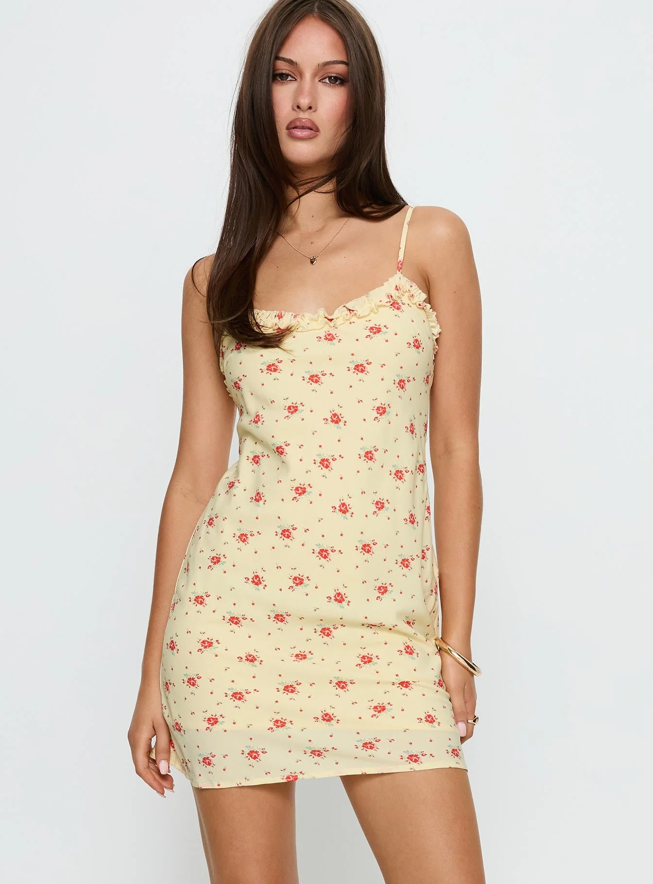Blossomer Frill Trim Mini Dress Yellow Floral