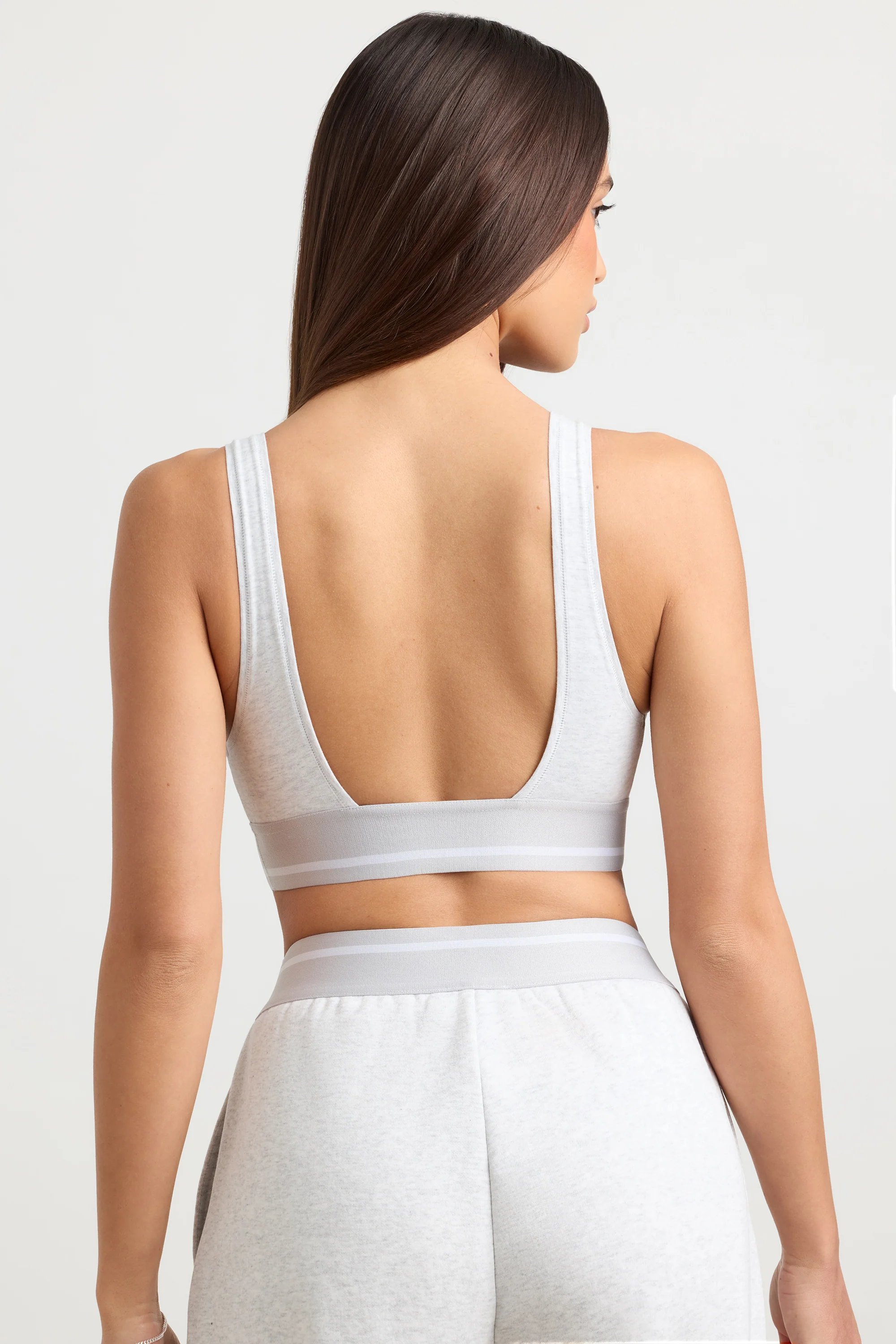 Stretch Cotton Jersey Plunge-Neck Crop Top in Grey Marl