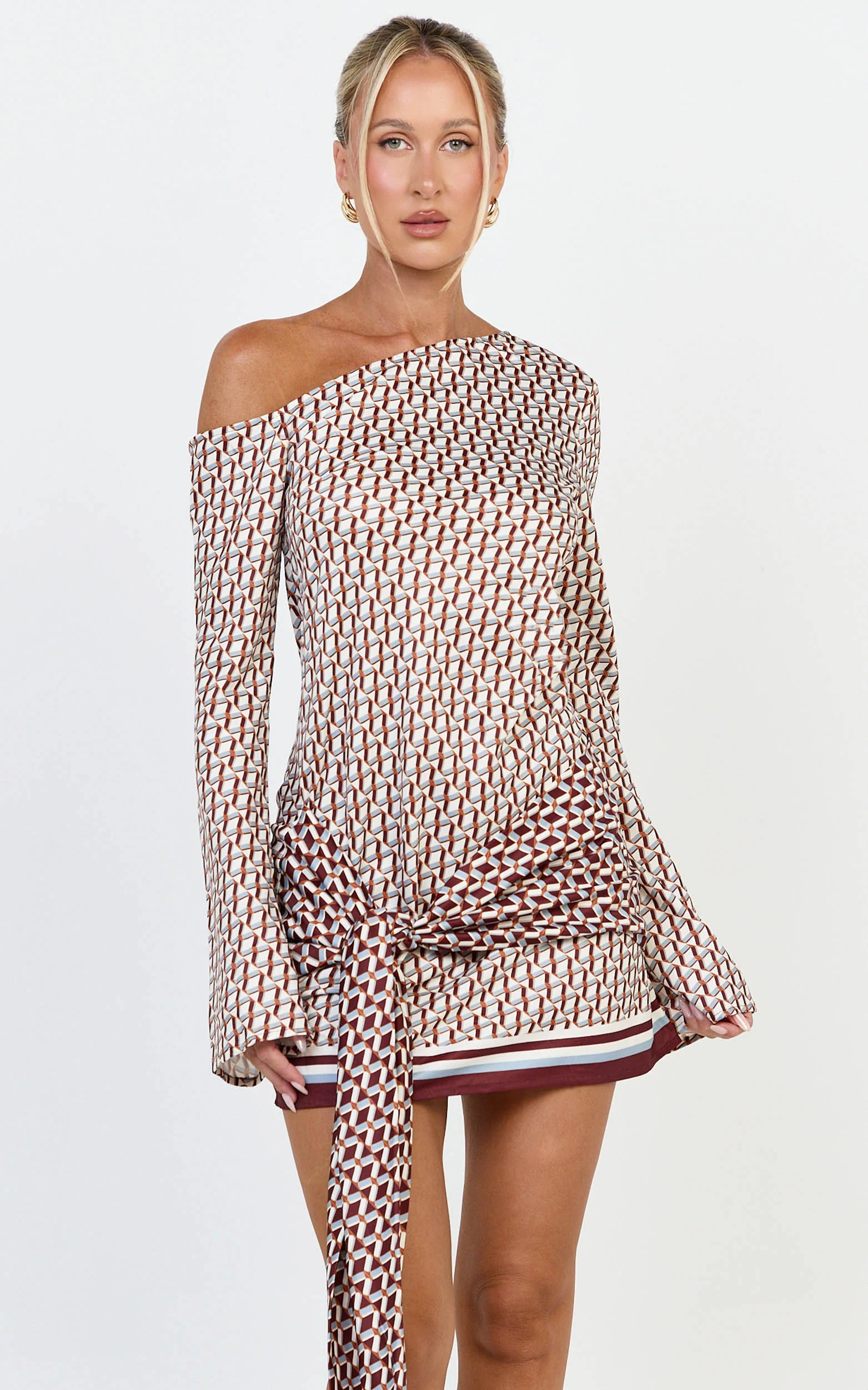 Noelle Mini Dress - Geo Print Off Shoulder Tie Front Dress in Geo Border Print