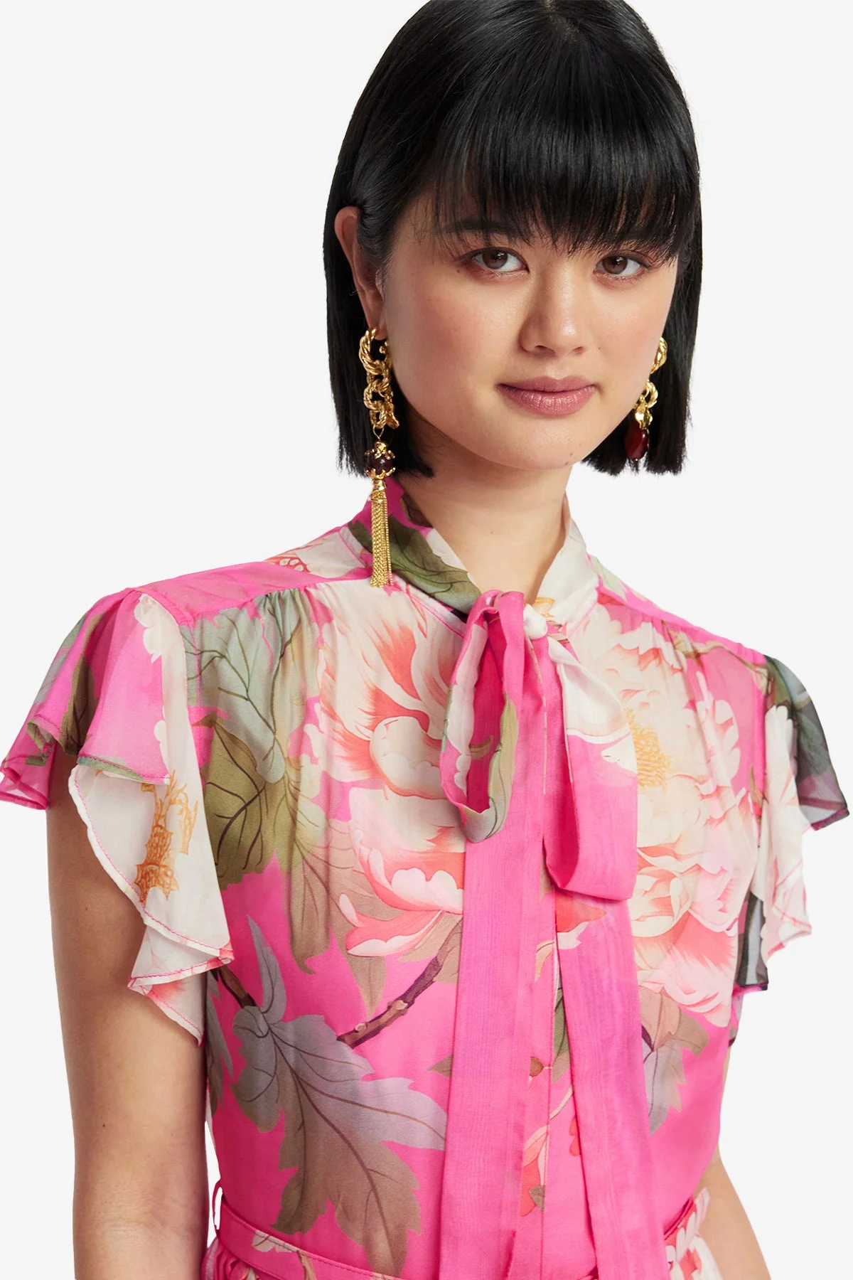 Grace Flutter Sleeve Midi Dress - Peony Print in Fuchsia