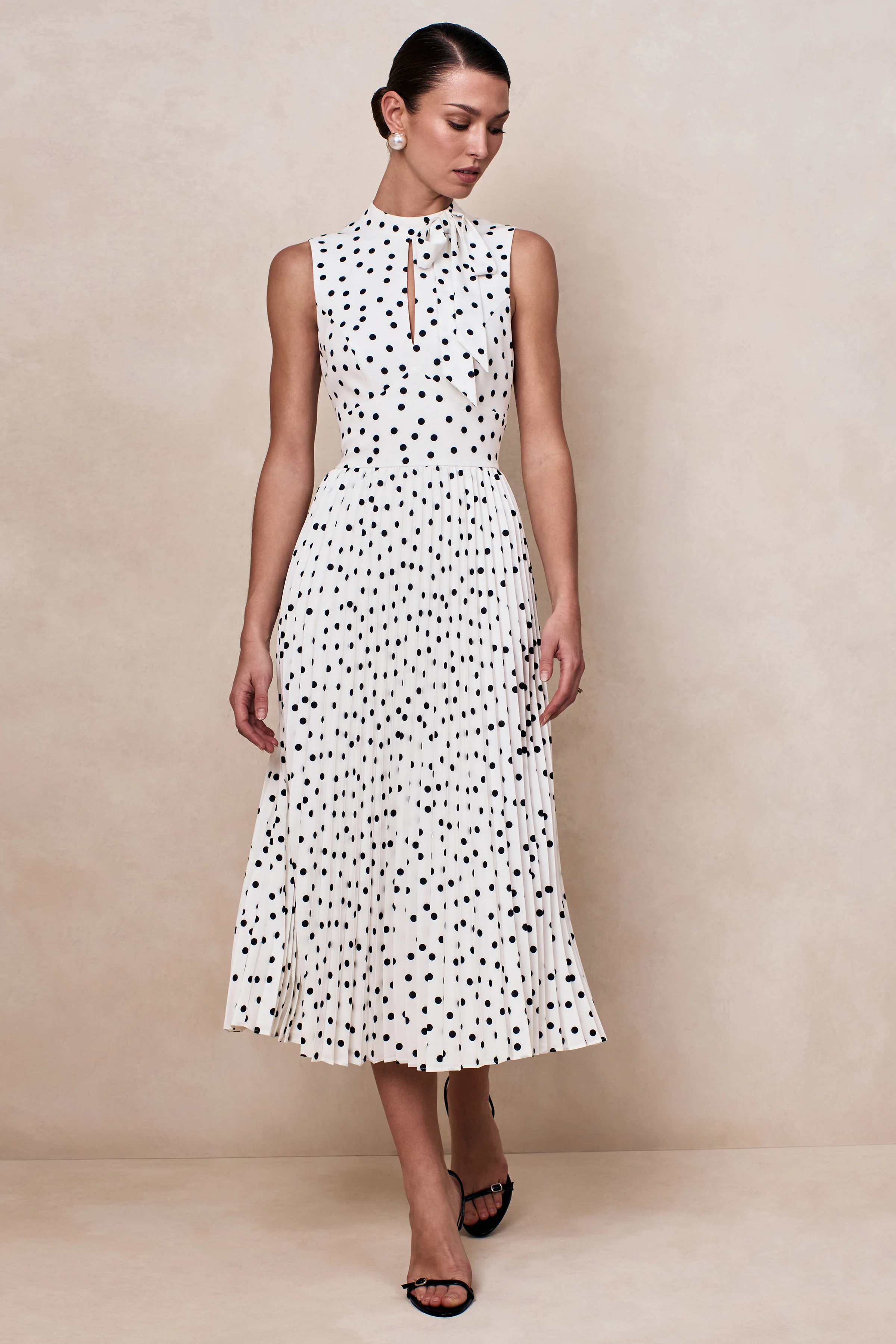 Avalon | White Polka Dot Scarf-Neck Midi Dress With Pleated Skirt