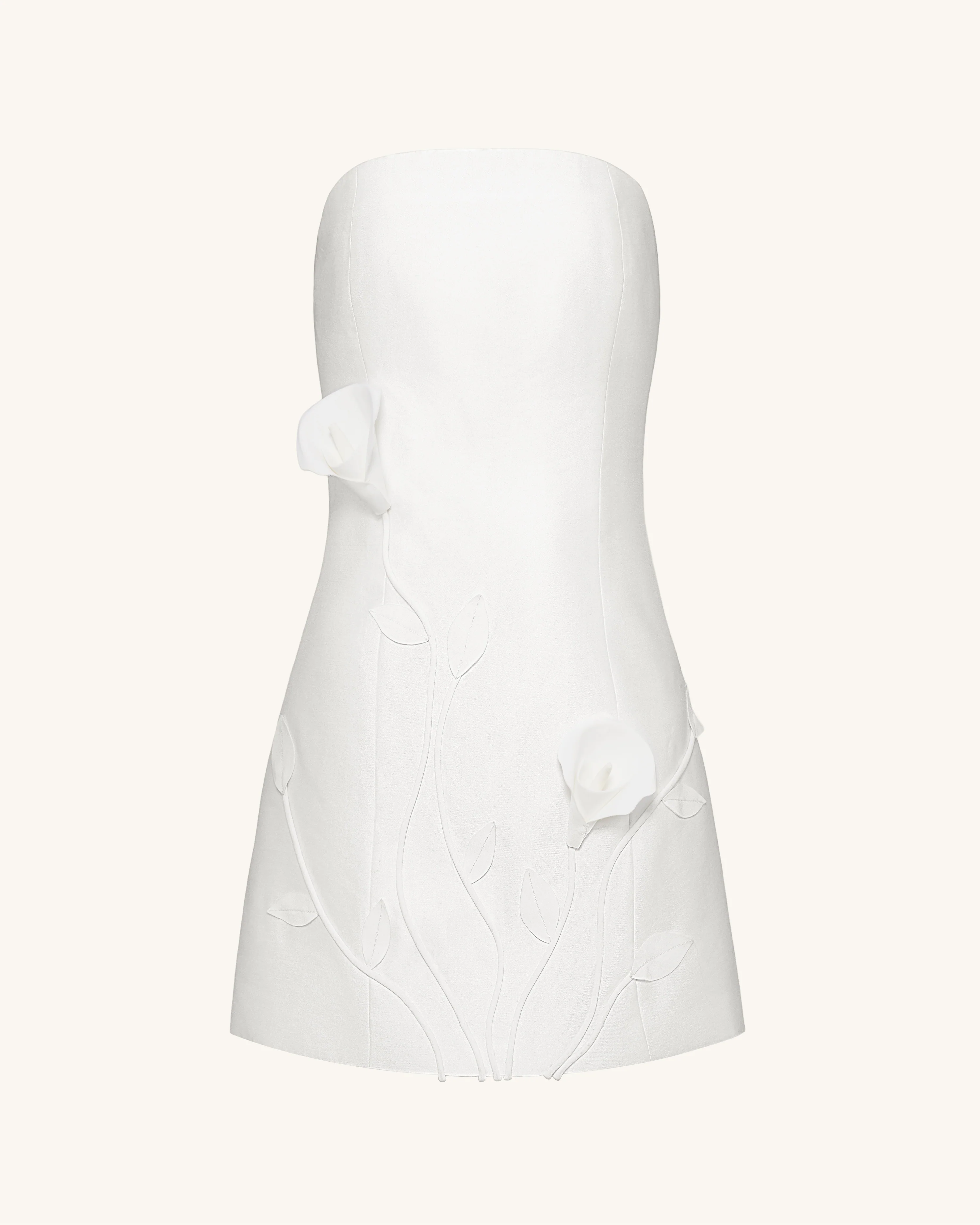 3D Vine Floral Strapless Mini Dress - White