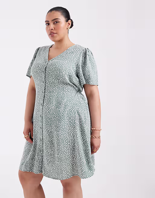 Vero Moda Curve button up mini skater dress in sage green spot